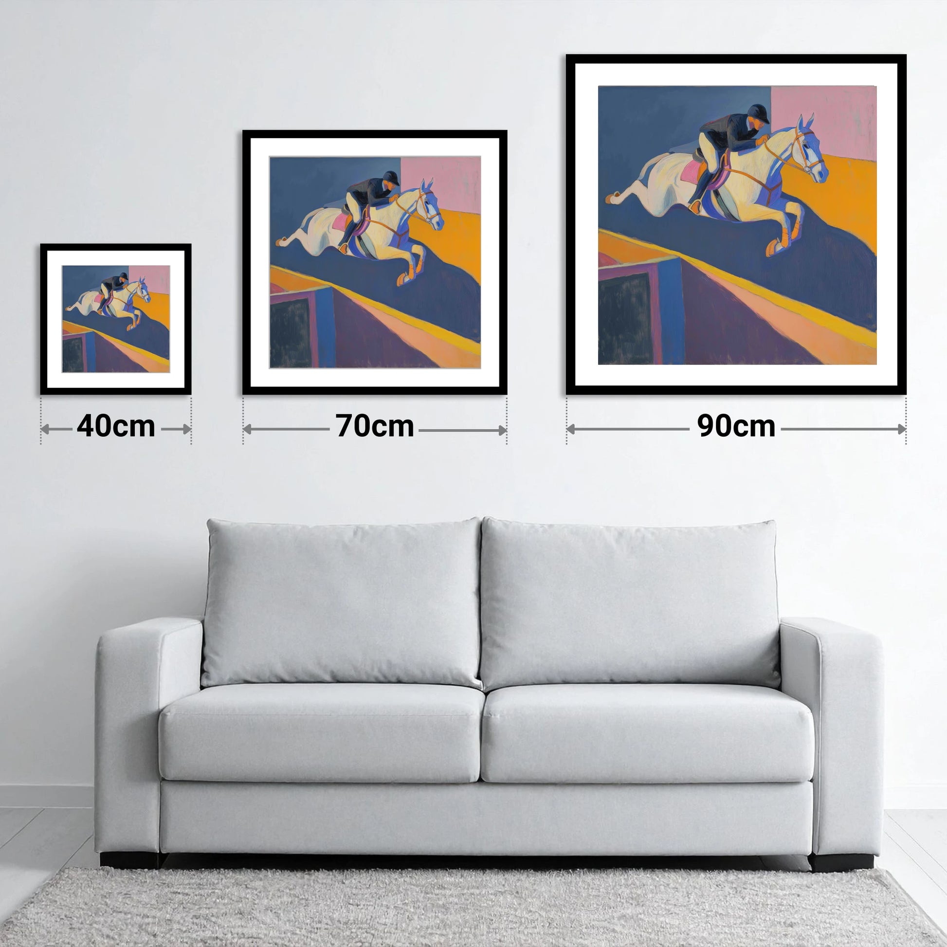 Bold Flight - size guide showing 40cm, 70cm and 90cm art prints