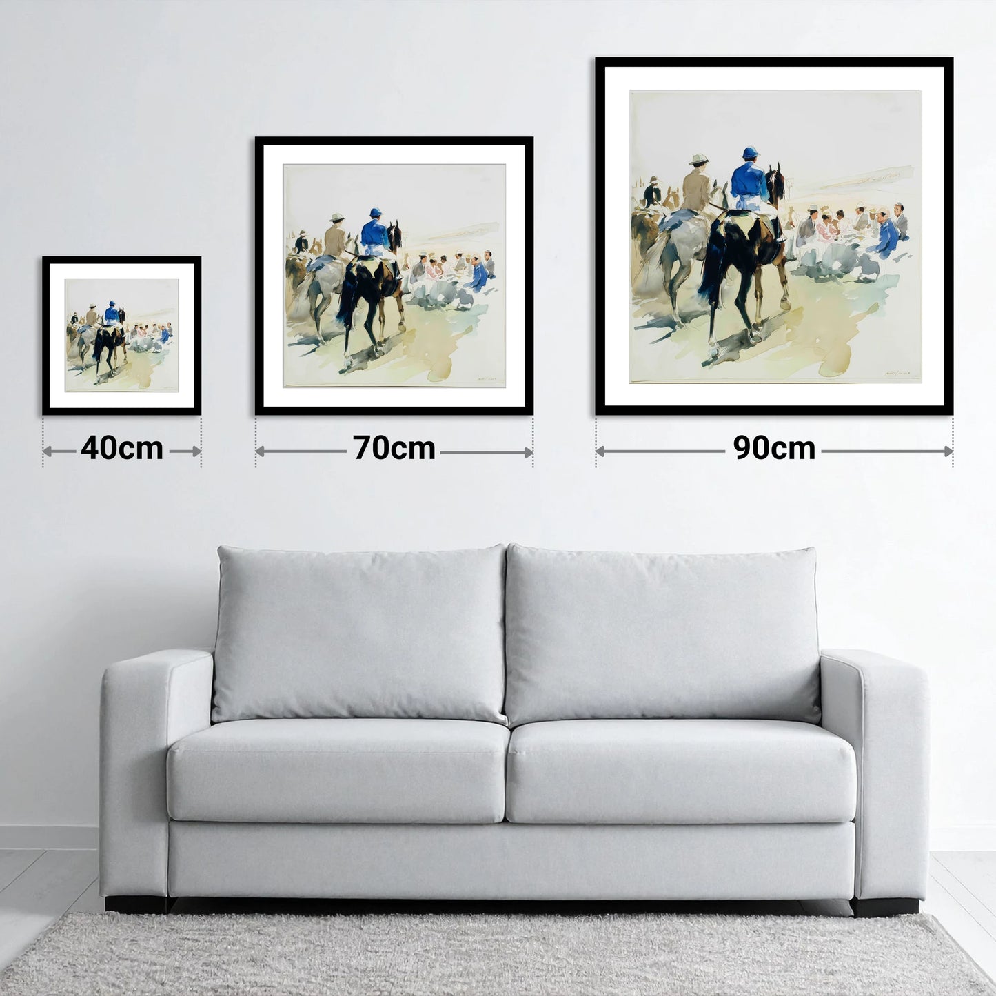 Heading to the Start - size guide showing 40cm, 70cm and 90cm art prints