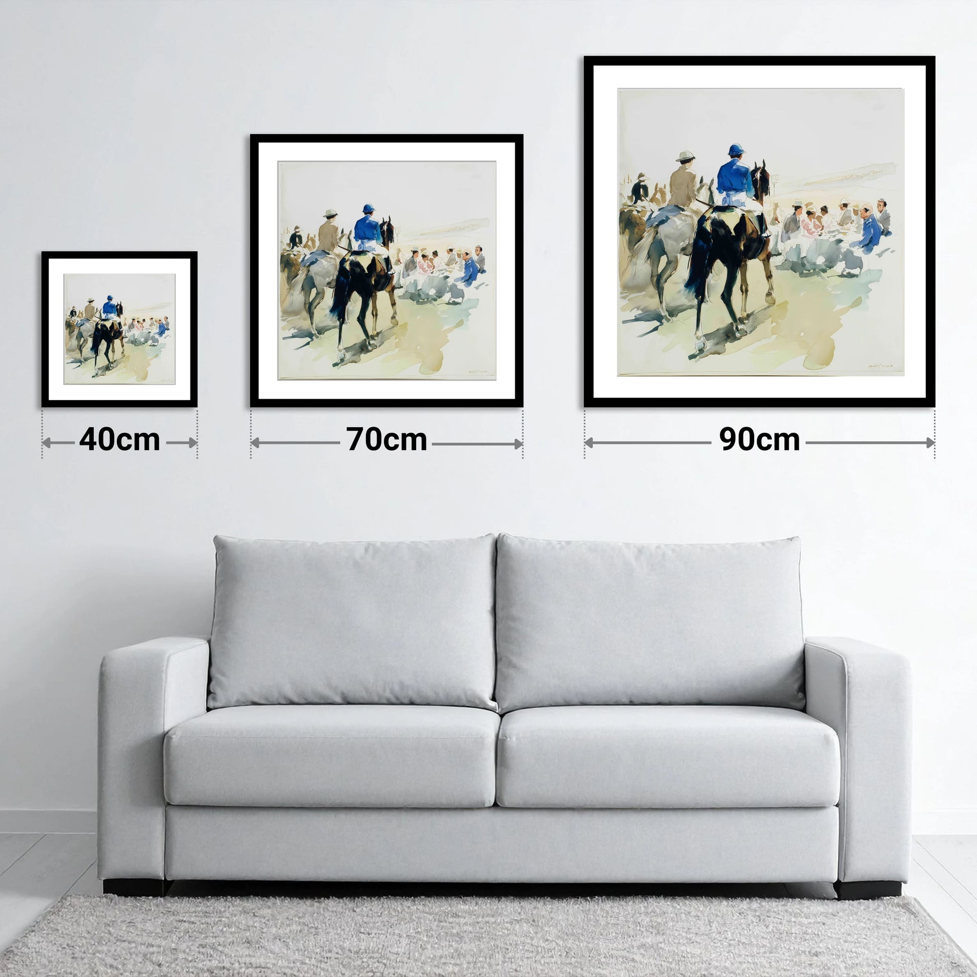 Heading to the Start - size guide showing 40cm, 70cm and 90cm art prints