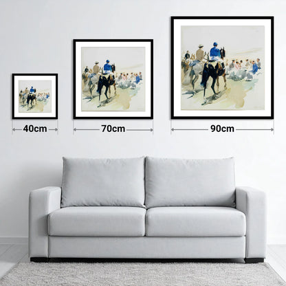 Heading to the Start - size guide showing 40cm, 70cm and 90cm art prints