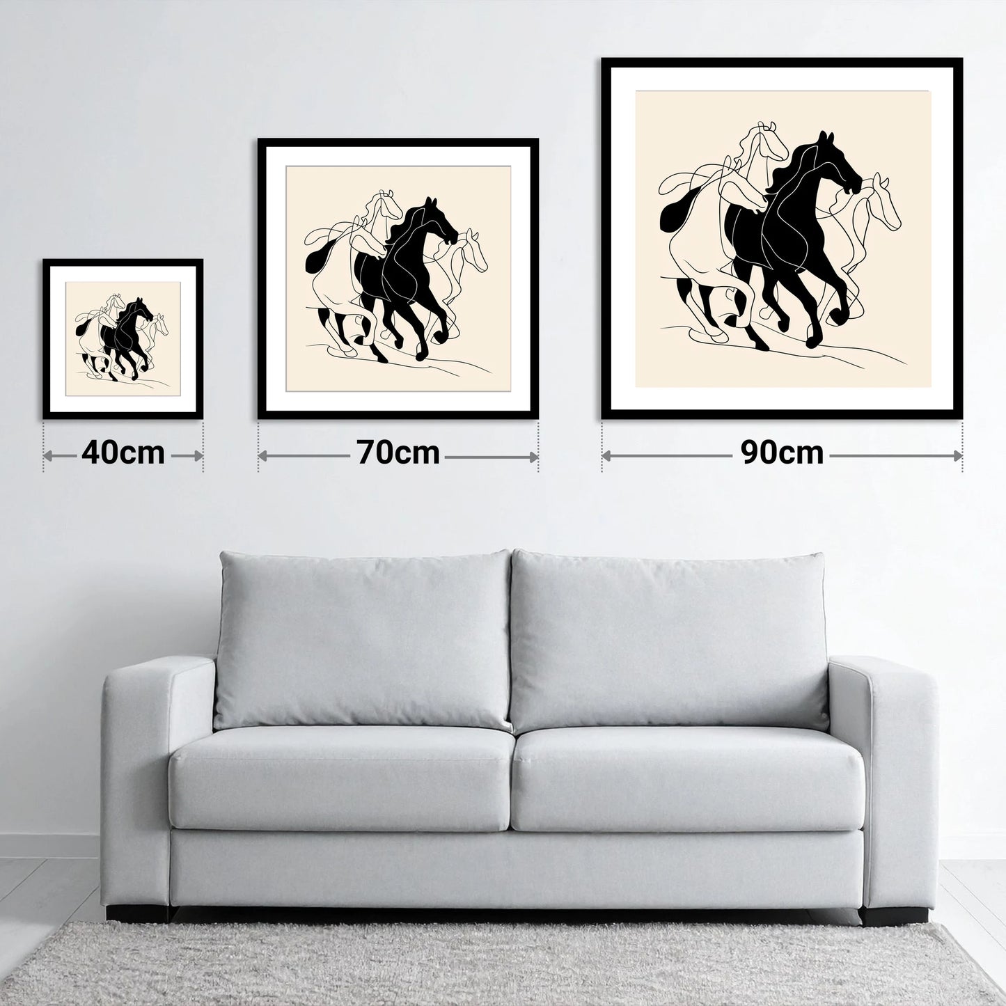 Fluid Equine Silhouette - size guide showing 40cm, 70cm and 90cm art prints