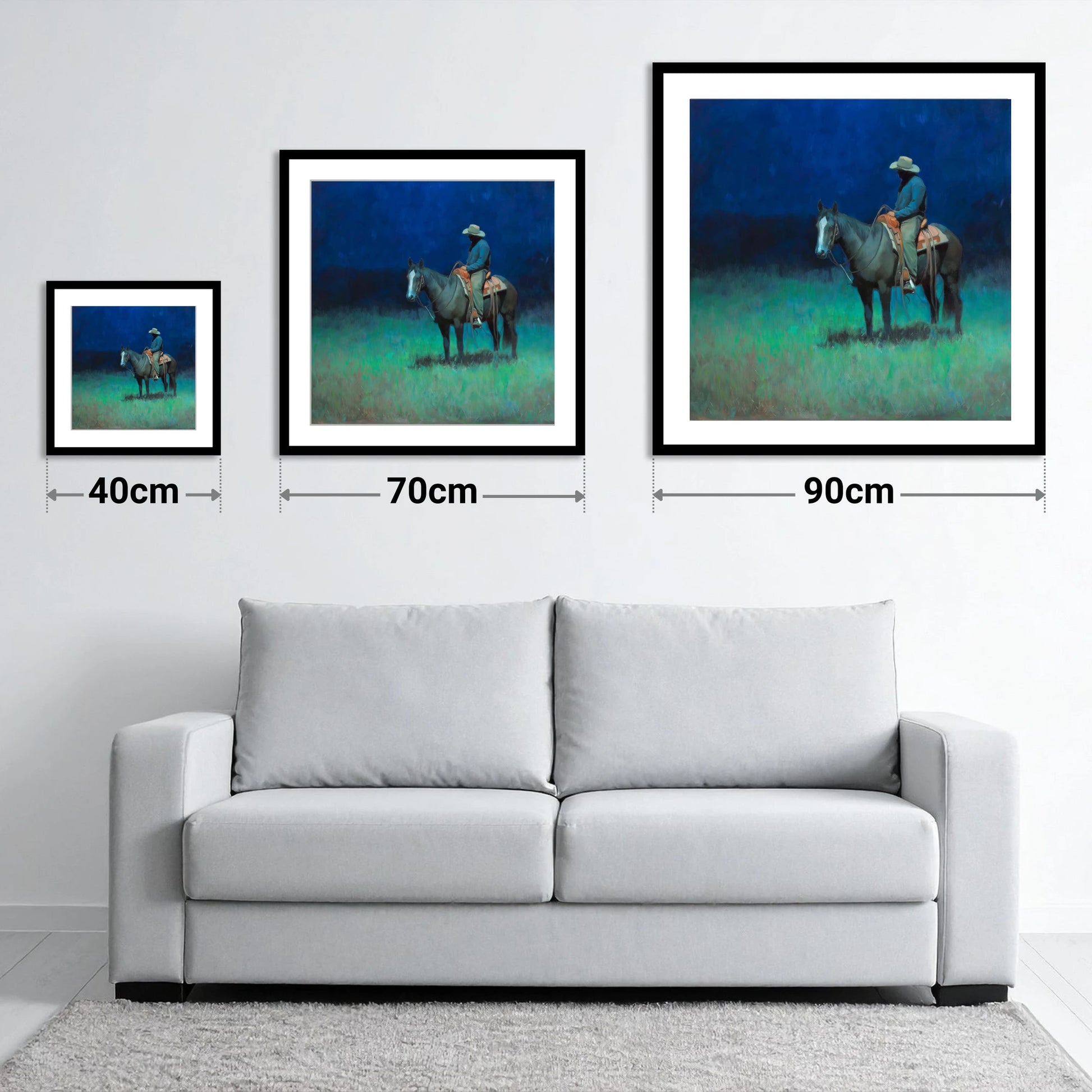 Indigo Silence - size guide showing 40cm, 70cm and 90cm art prints
