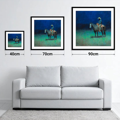 Indigo Silence - size guide showing 40cm, 70cm and 90cm art prints