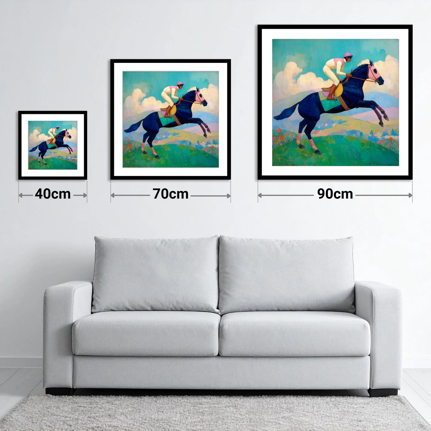 Vivid Racing Bound - size guide showing 40cm, 70cm and 90cm art prints