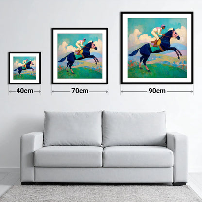 Vivid Racing Bound - size guide showing 40cm, 70cm and 90cm art prints