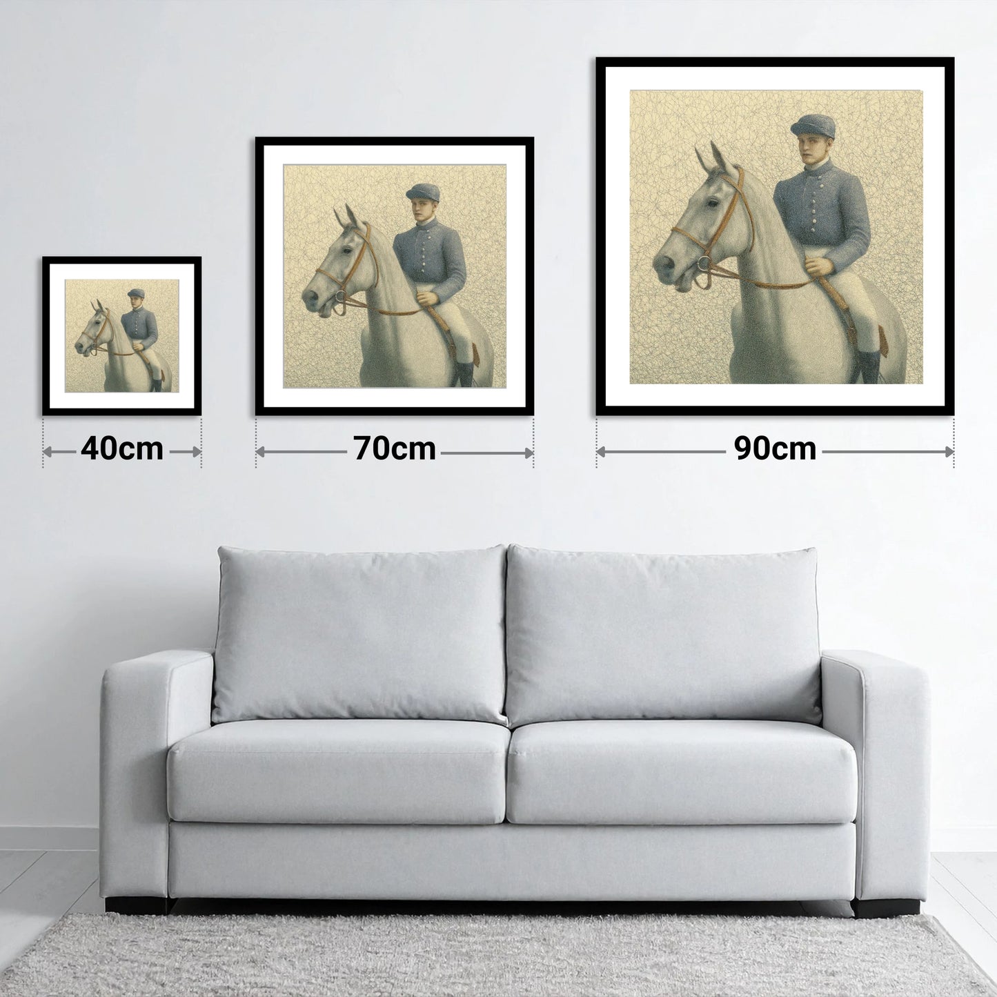 The Slate Silks - size guide showing 40cm, 70cm and 90cm art prints