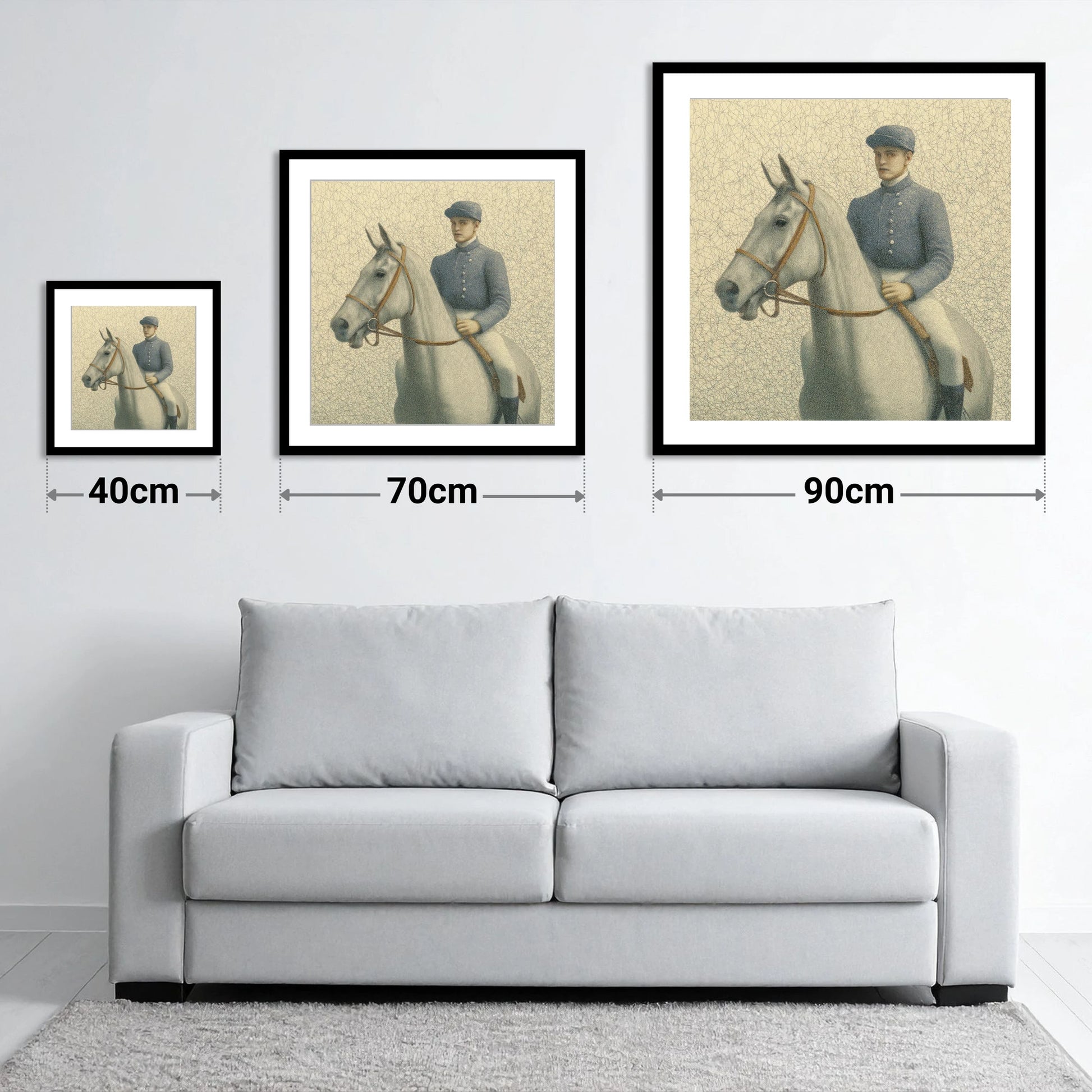 The Slate Silks - size guide showing 40cm, 70cm and 90cm art prints