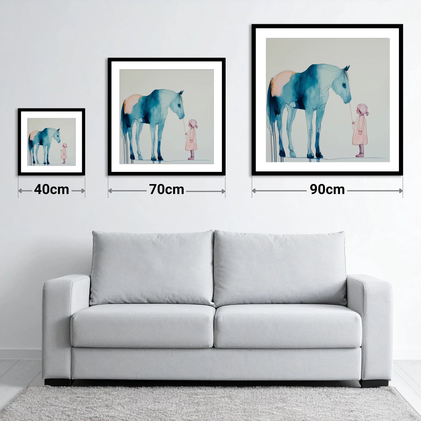 The Delicate Connection - size guide showing 40cm, 70cm and 90cm art prints