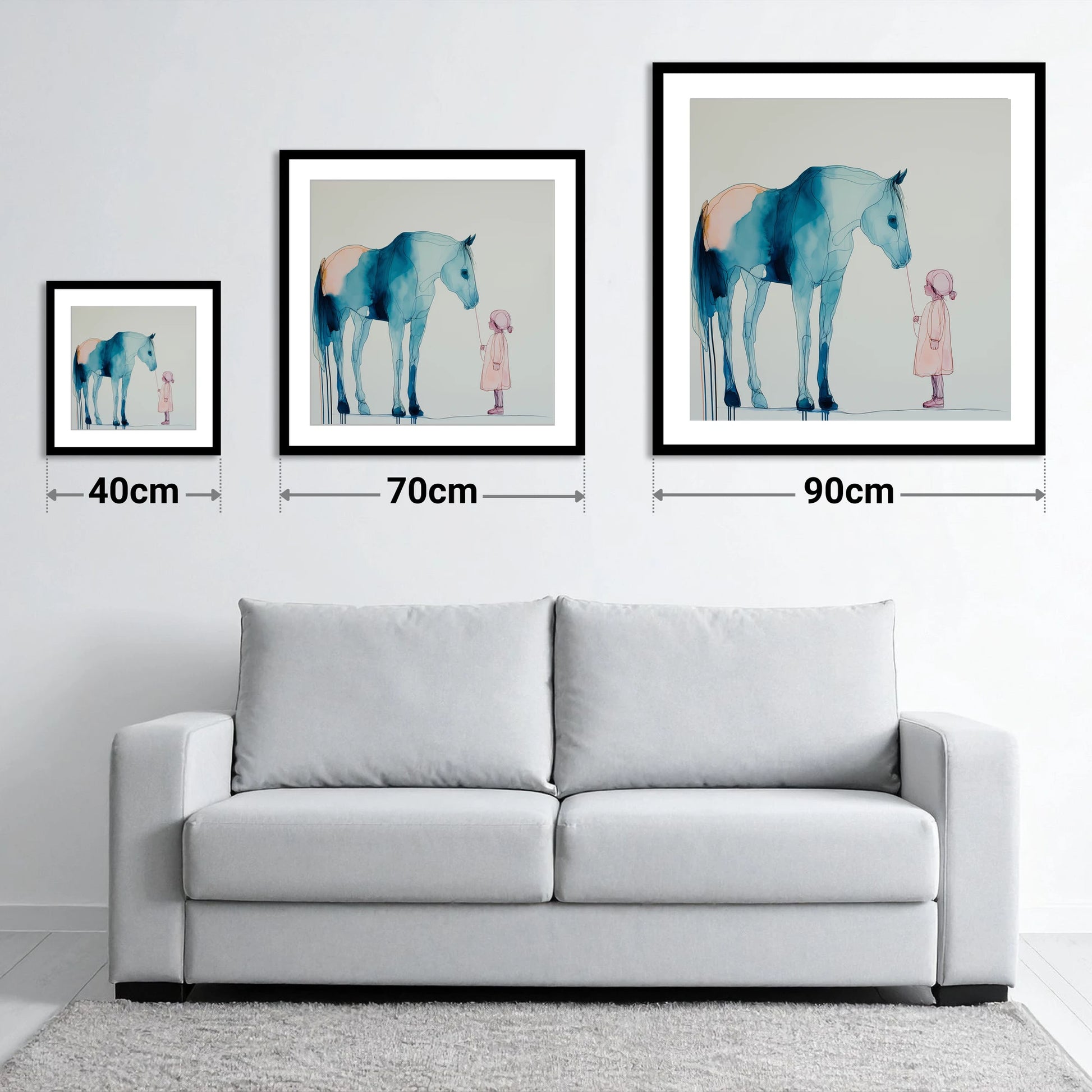 The Delicate Connection - size guide showing 40cm, 70cm and 90cm art prints