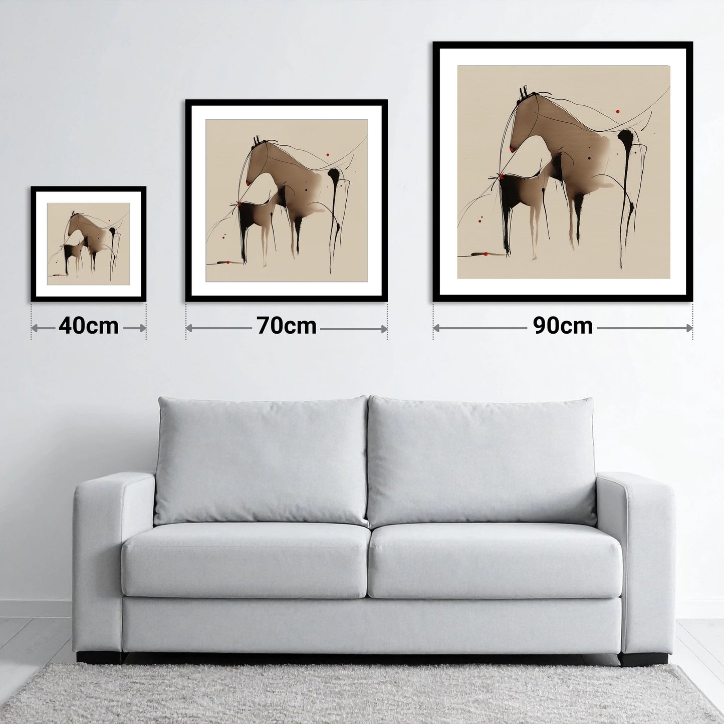 Minimalist Mare and Foal - size guide showing 40cm, 70cm and 90cm art prints