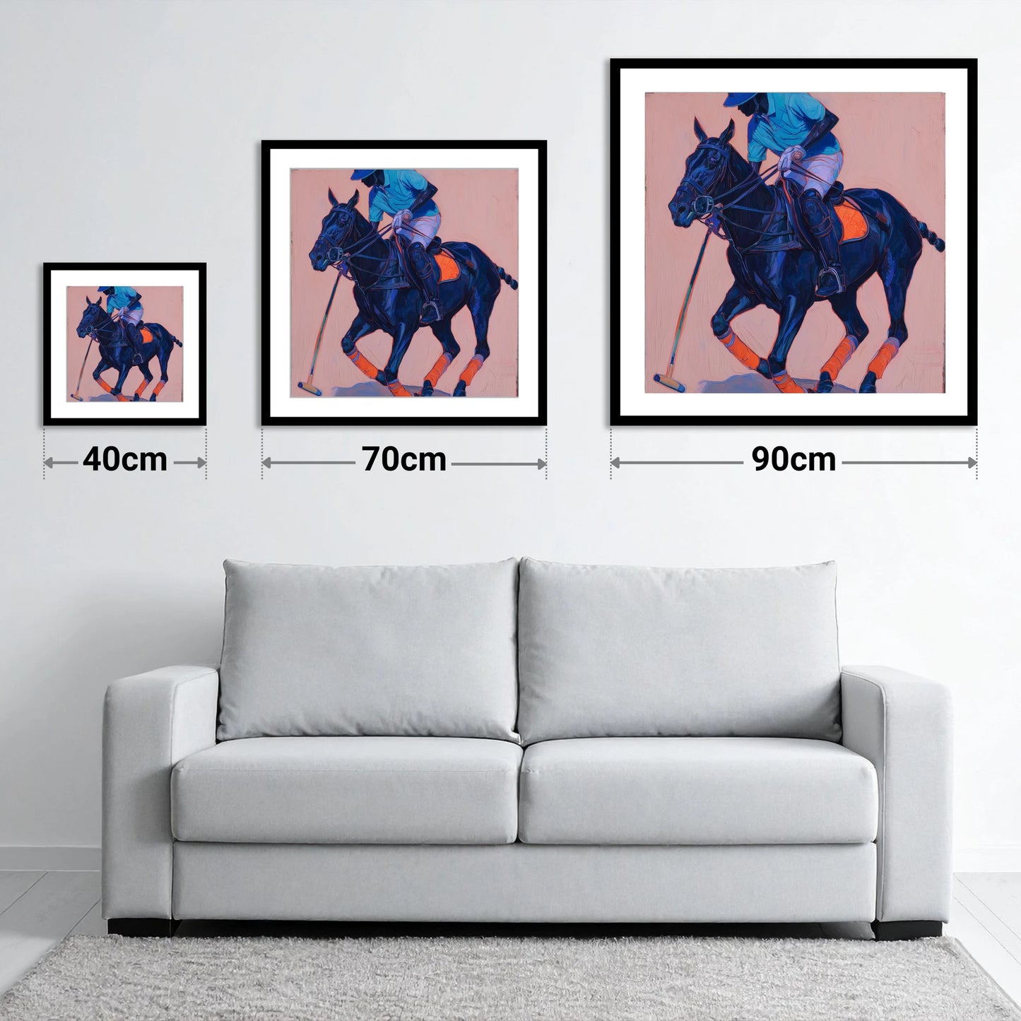 The Indigo Strike - size guide showing 40cm, 70cm and 90cm art prints