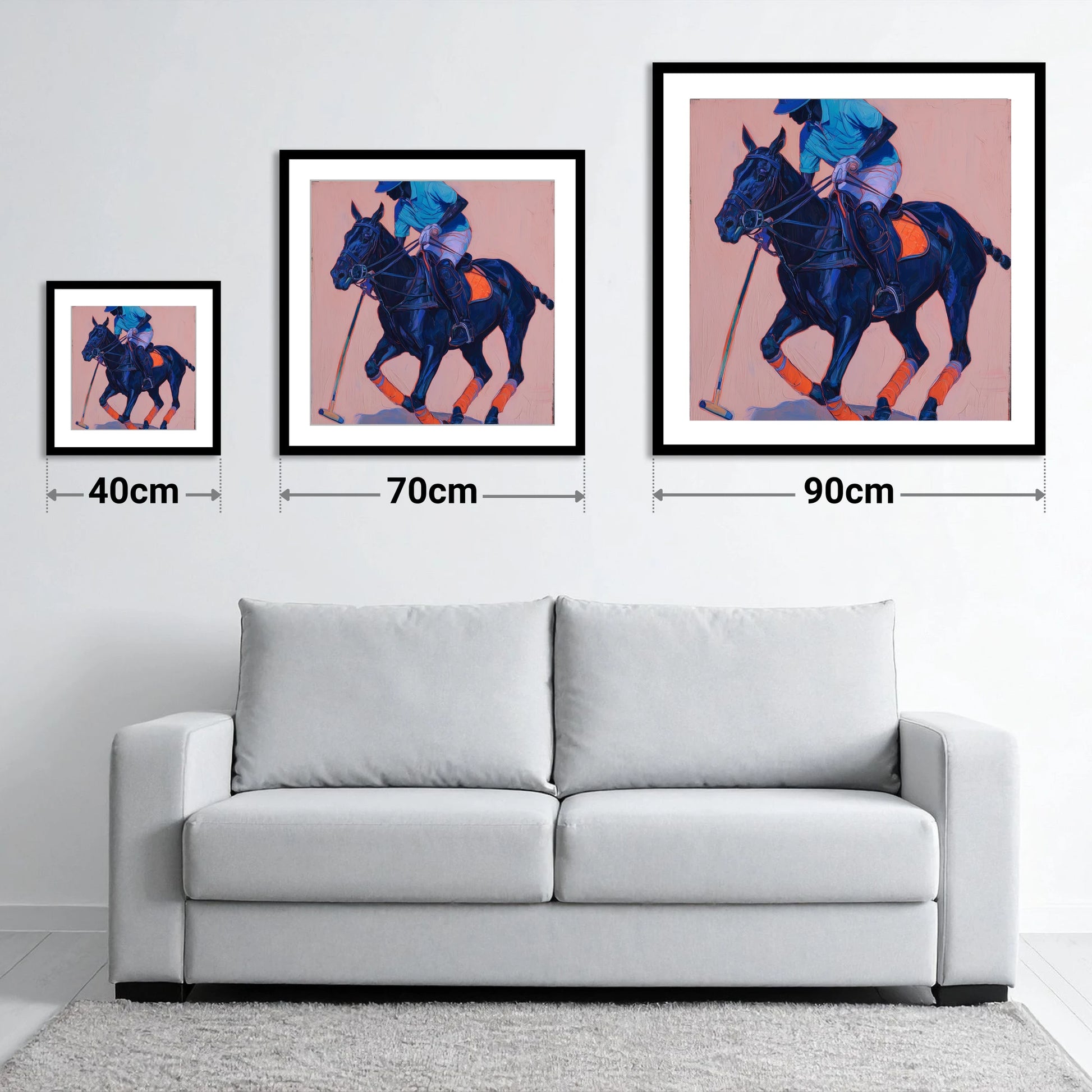 The Indigo Strike - size guide showing 40cm, 70cm and 90cm art prints