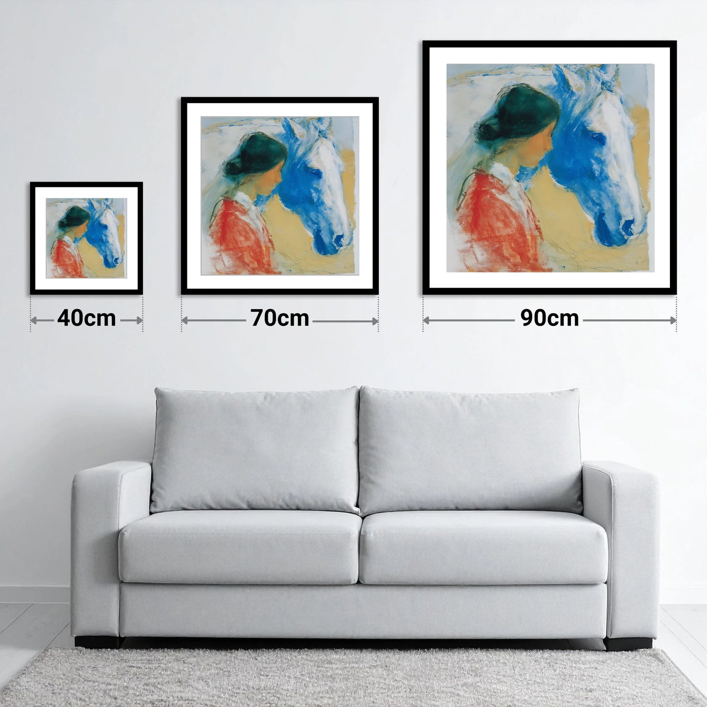 The Cobalt Companion - size guide showing 40cm, 70cm and 90cm art prints