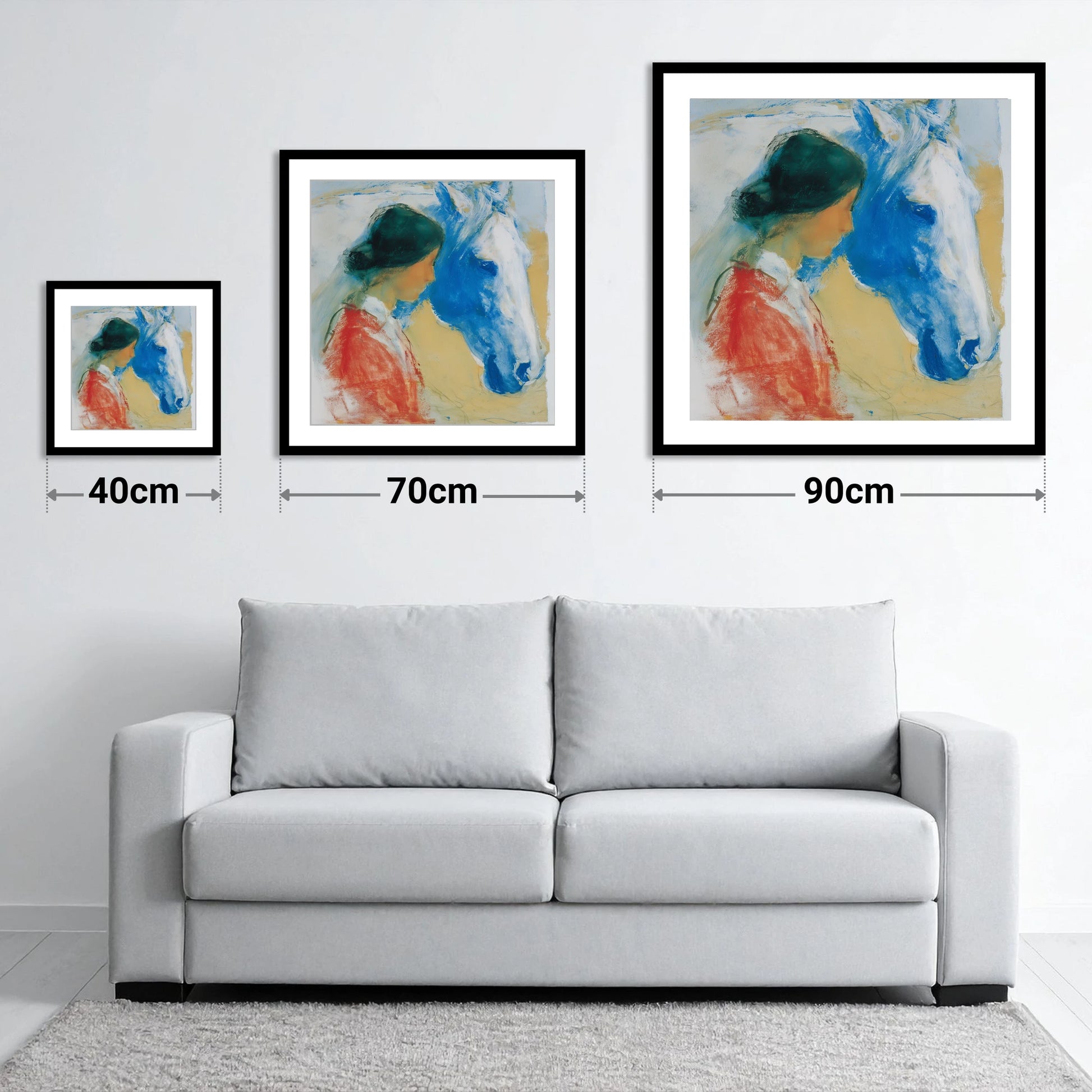 The Cobalt Companion - size guide showing 40cm, 70cm and 90cm art prints