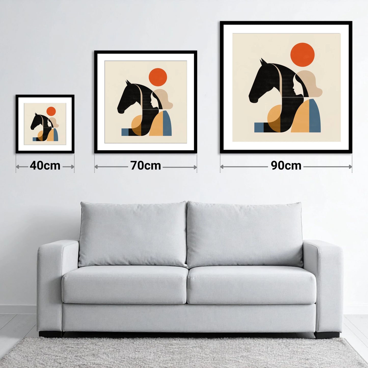 Geometric Equine Harmony - size guide showing 40cm, 70cm and 90cm art prints