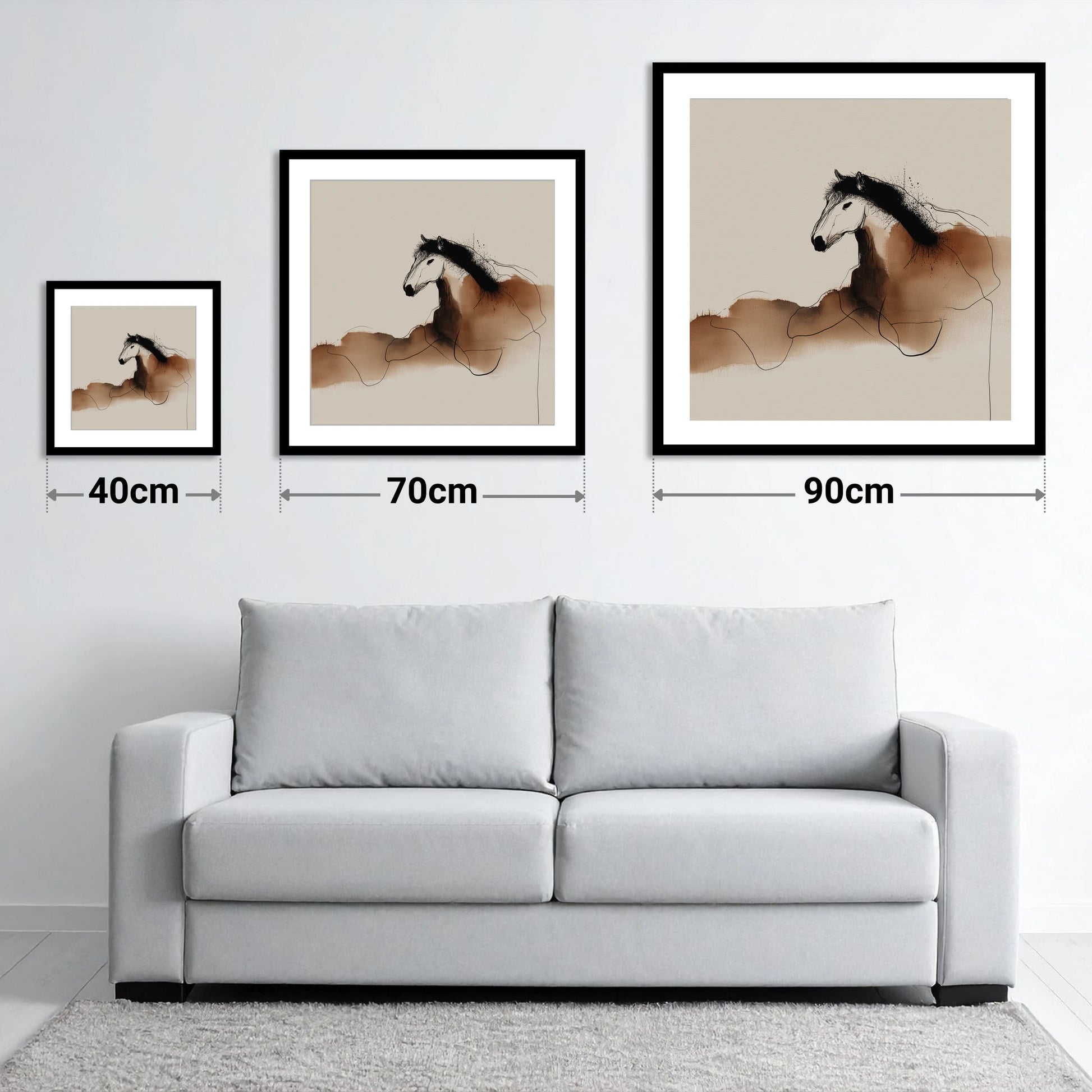 Fluid Sepia Profile - size guide showing 40cm, 70cm and 90cm art prints