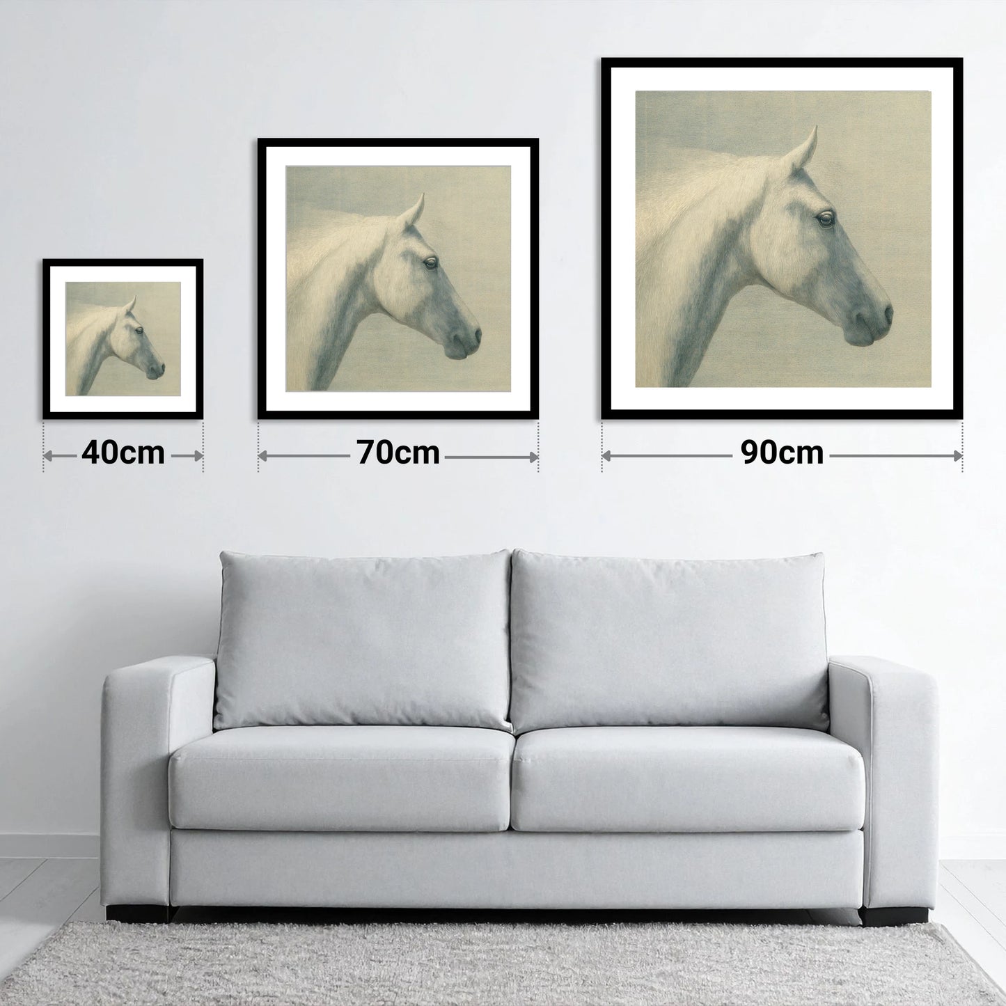Classic Grey Profile - size guide showing 40cm, 70cm and 90cm art prints