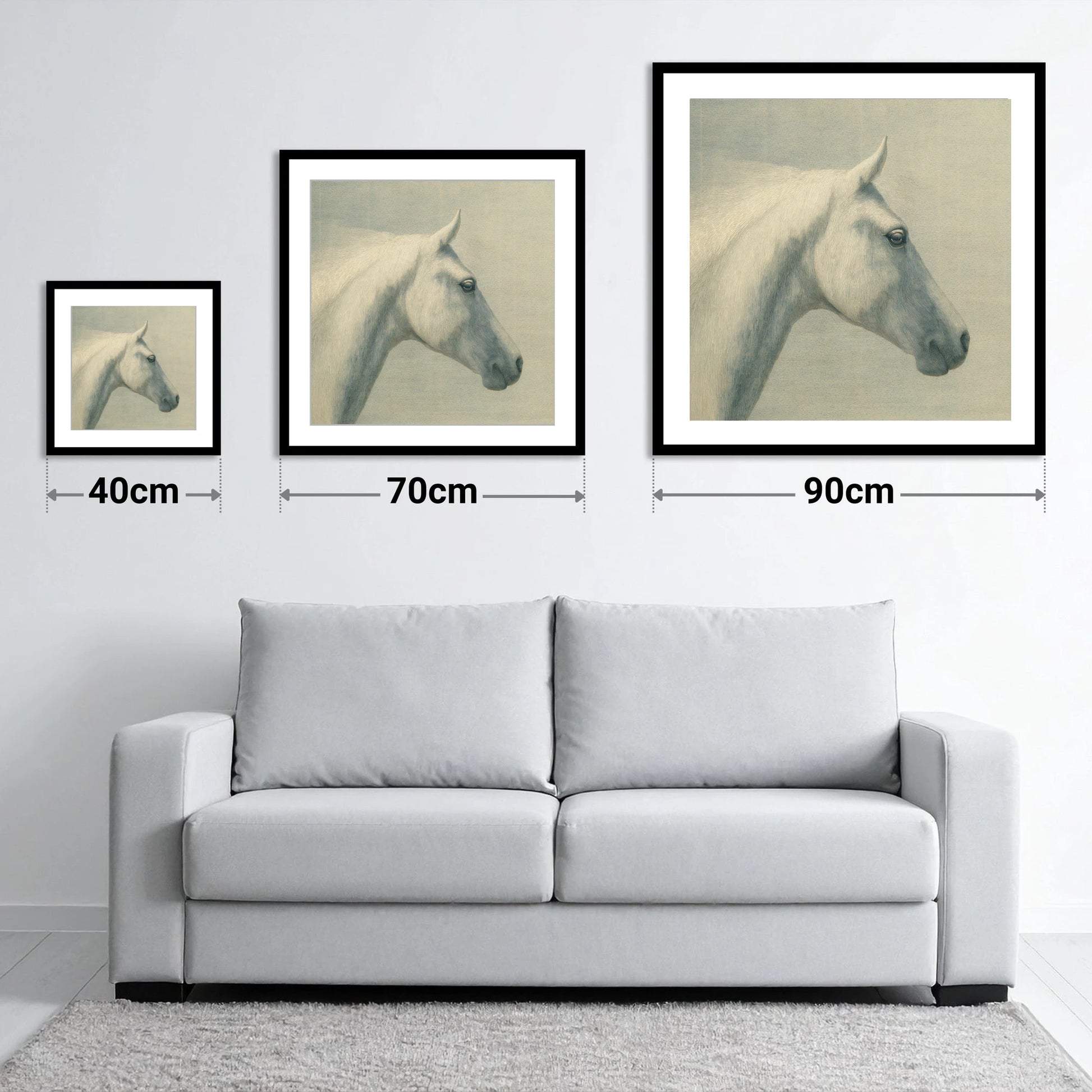 Classic Grey Profile - size guide showing 40cm, 70cm and 90cm art prints