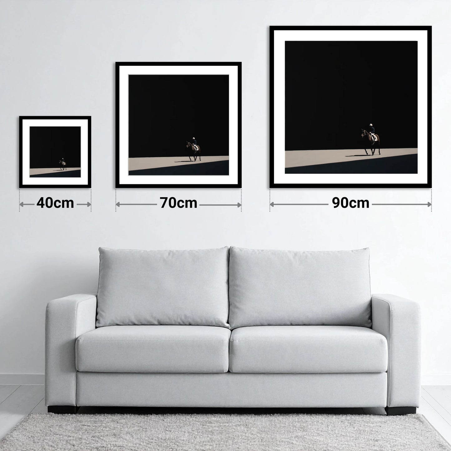 Out of the Shadows - size guide showing 40cm, 70cm and 90cm art prints