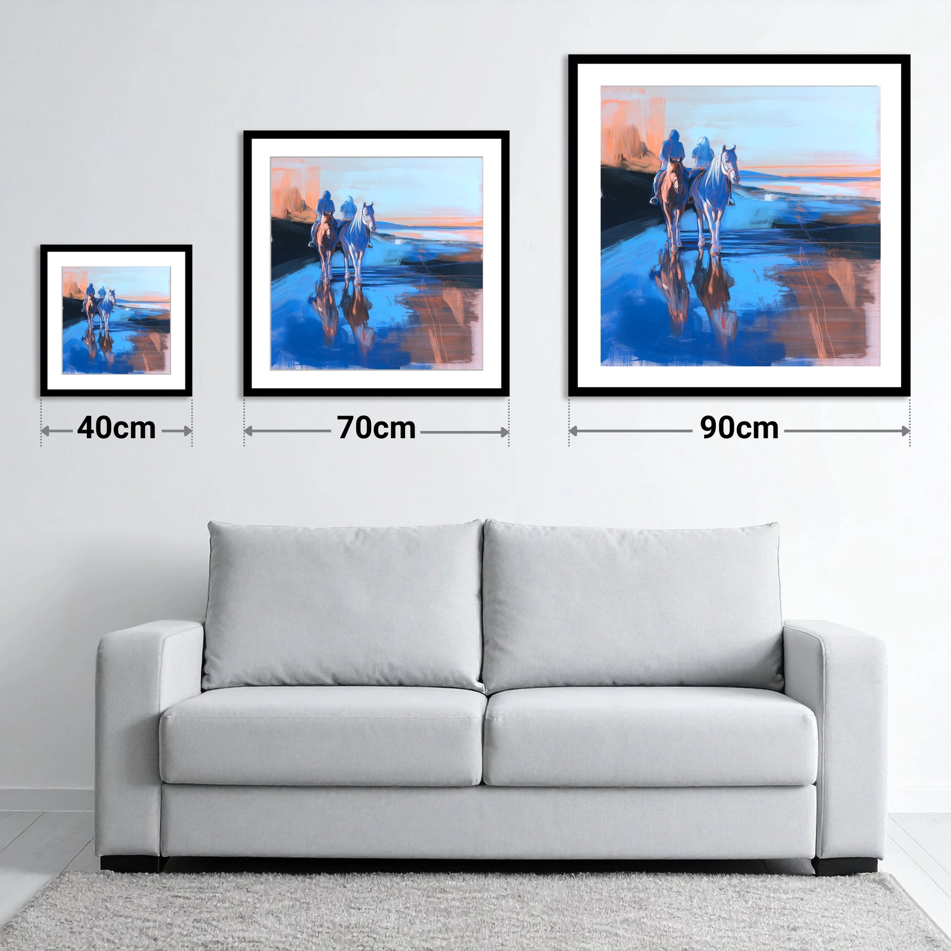 Shoreline Companions - size guide showing 40cm, 70cm and 90cm art prints