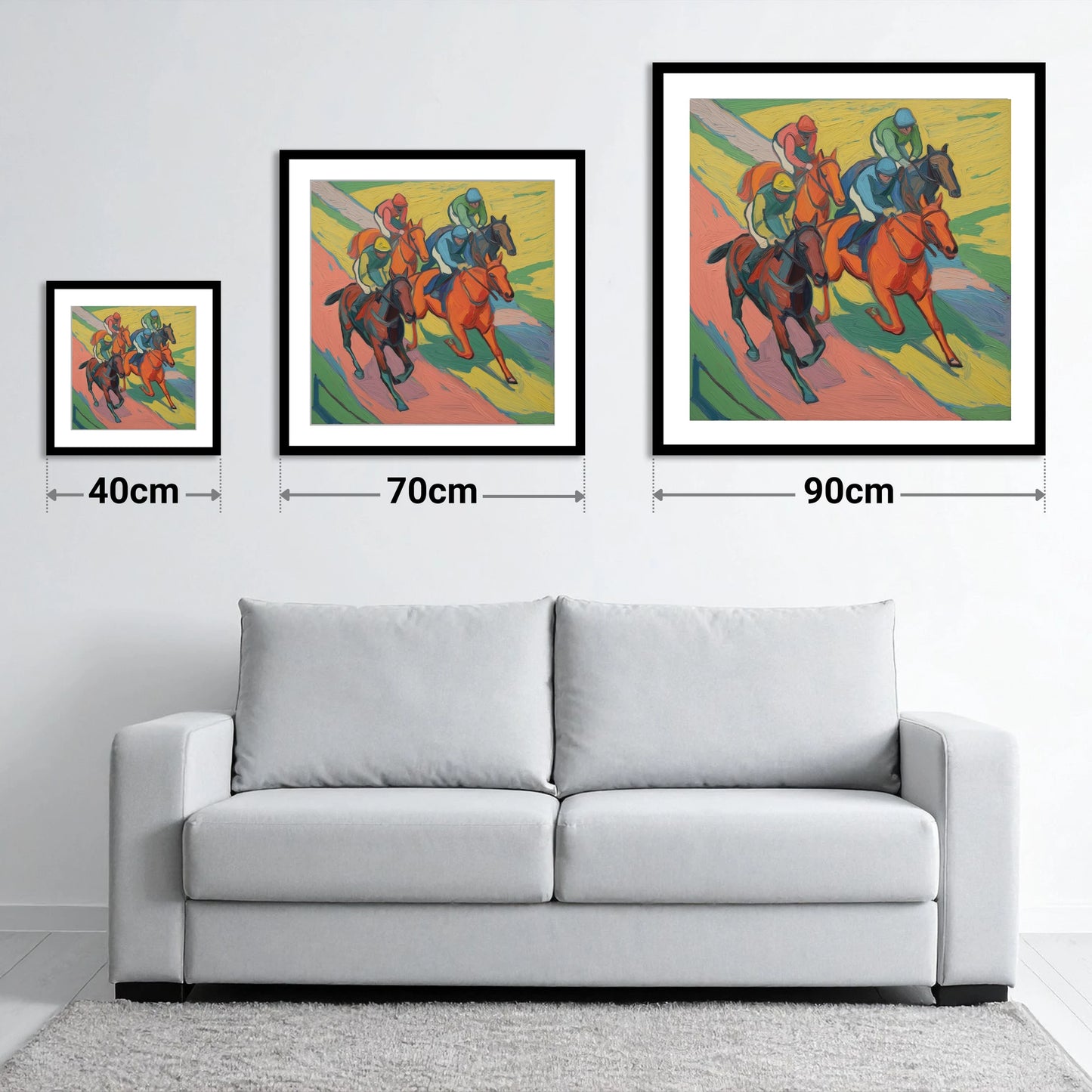 Colours of the Turf - size guide showing 40cm, 70cm and 90cm art prints