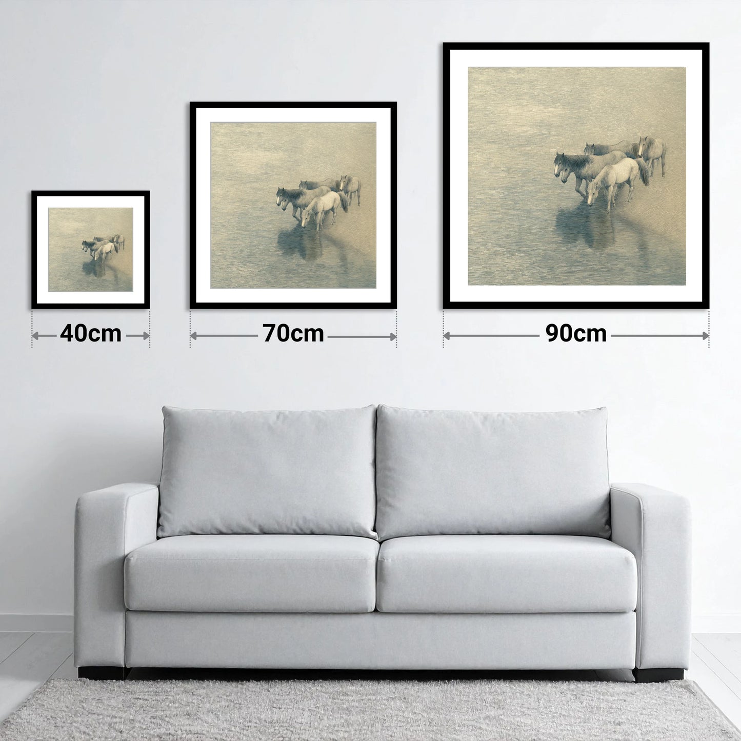 Reflections of the Herd - size guide showing 40cm, 70cm and 90cm art prints