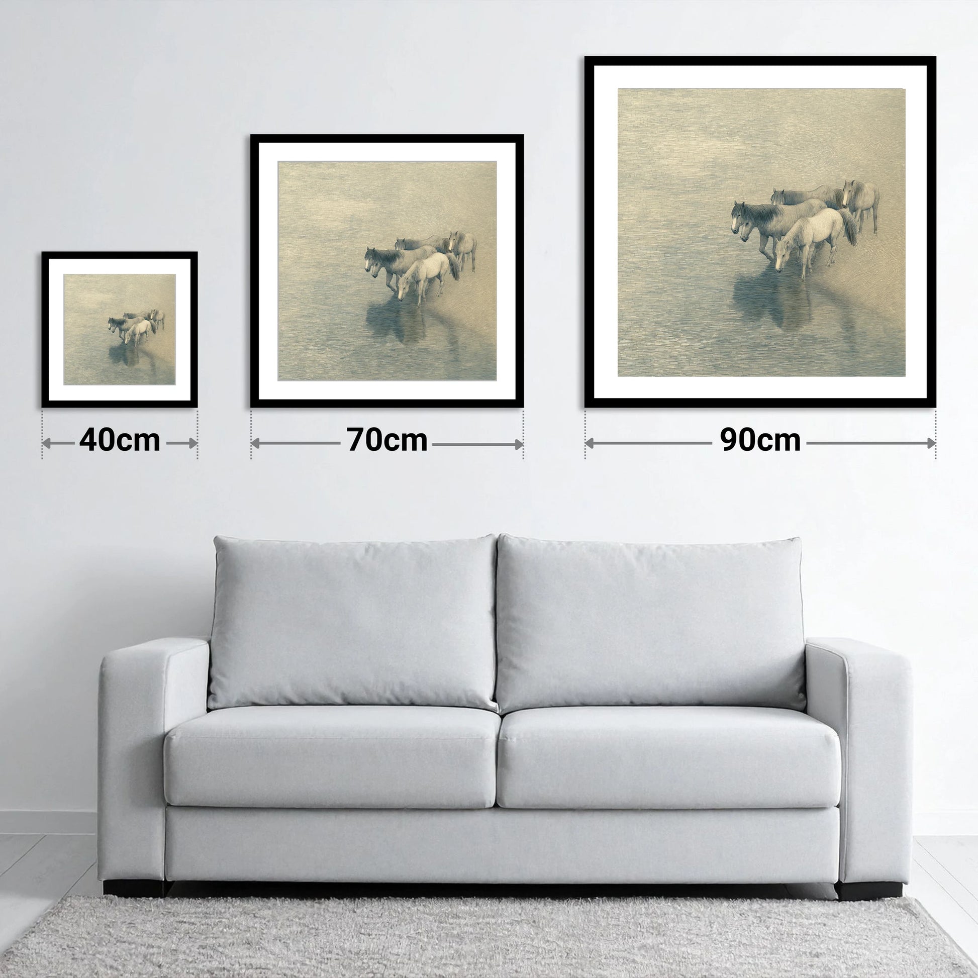Reflections of the Herd - size guide showing 40cm, 70cm and 90cm art prints