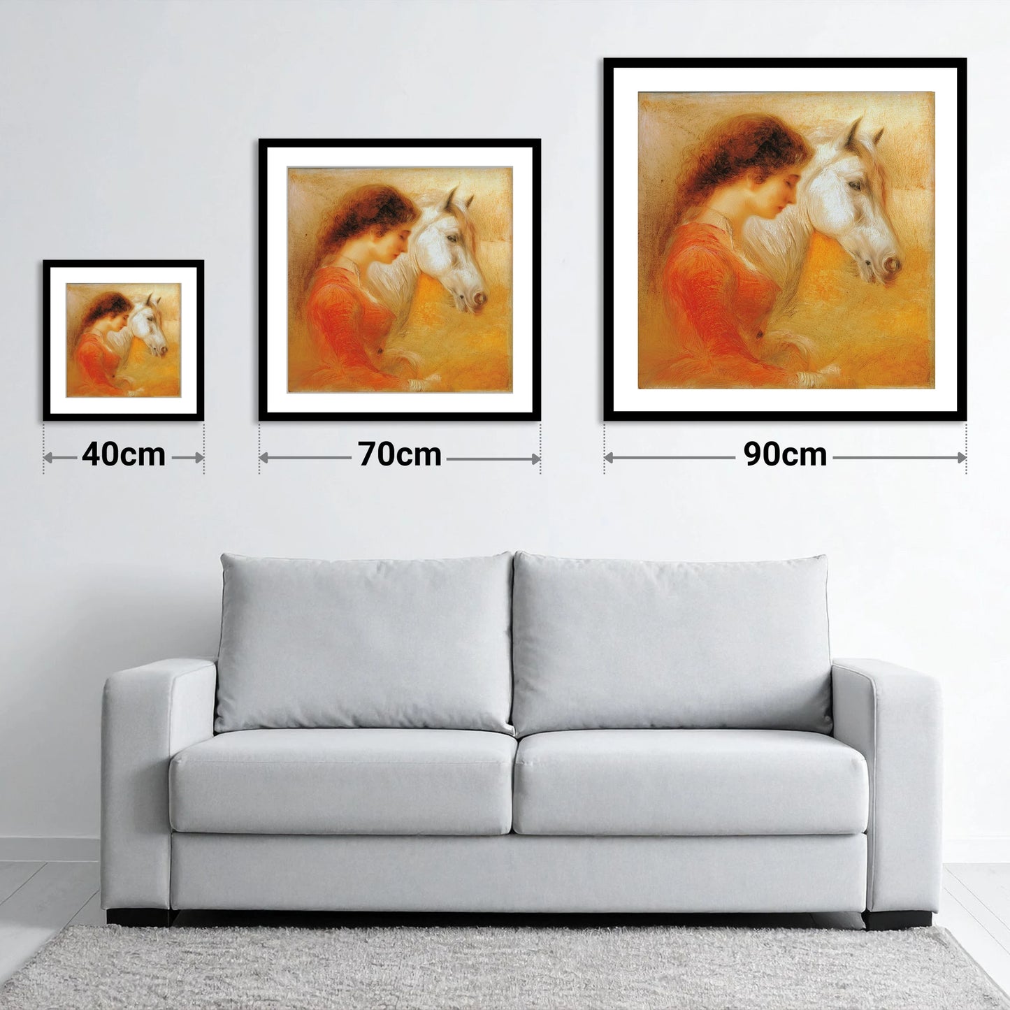 A Quiet Bond - size guide showing 40cm, 70cm and 90cm art prints