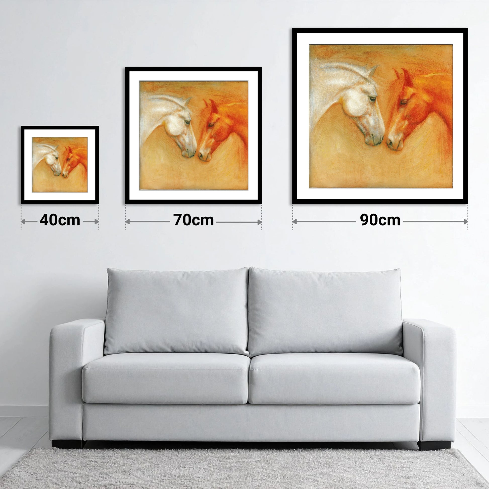 The Quiet Connection - size guide showing 40cm, 70cm and 90cm art prints