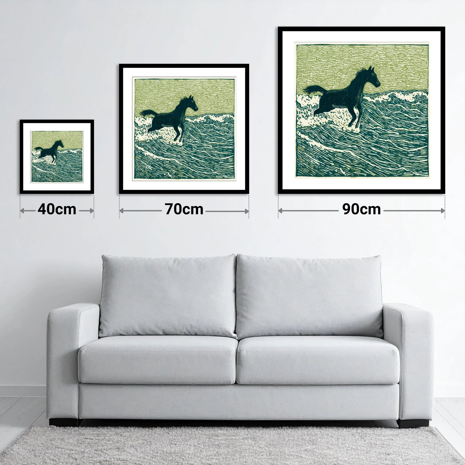 Wild Coastal Canter - size guide showing 40cm, 70cm and 90cm art prints