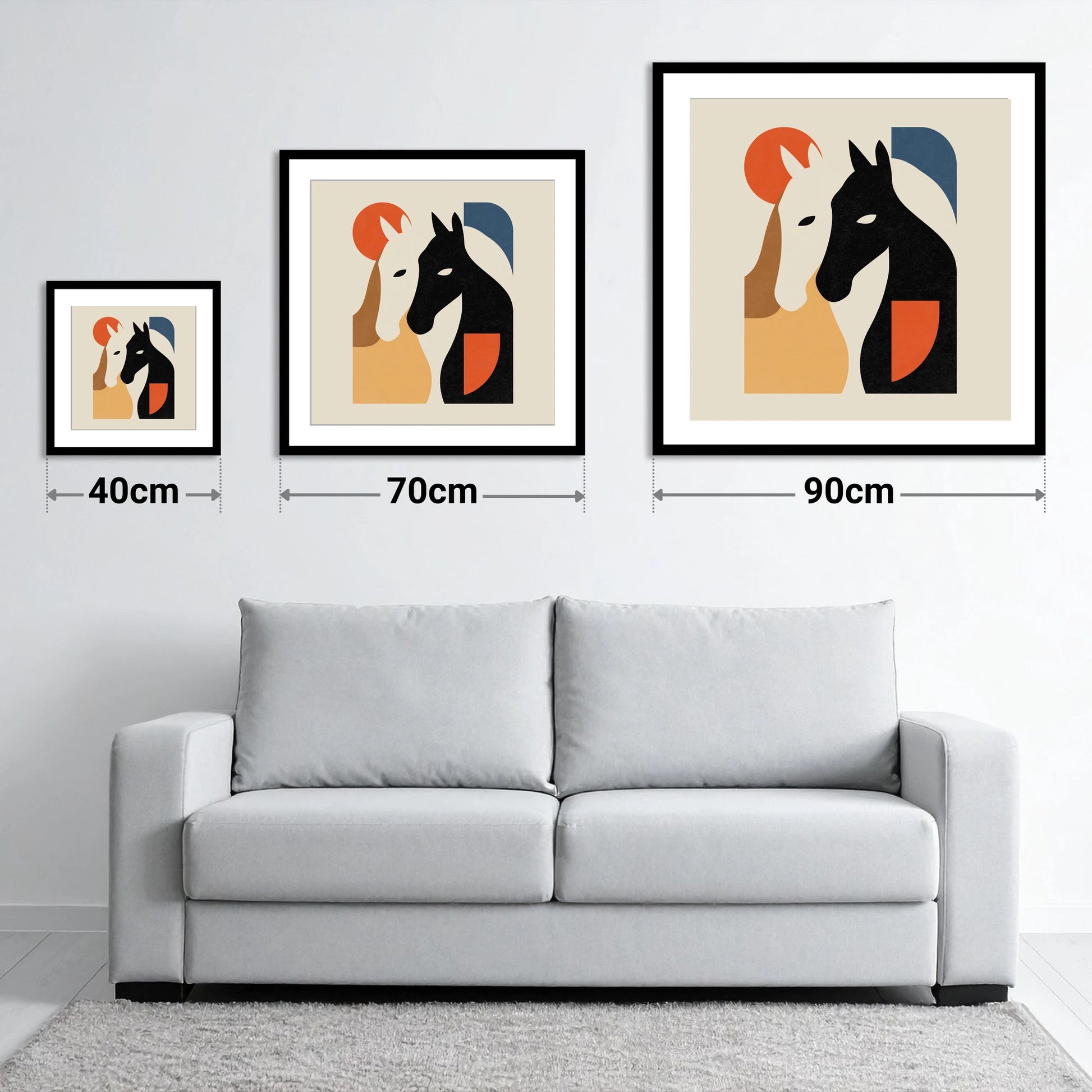 Modernist Equine Embrace - size guide showing 40cm, 70cm and 90cm art prints
