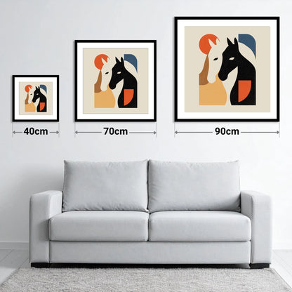 Modernist Equine Embrace - size guide showing 40cm, 70cm and 90cm art prints