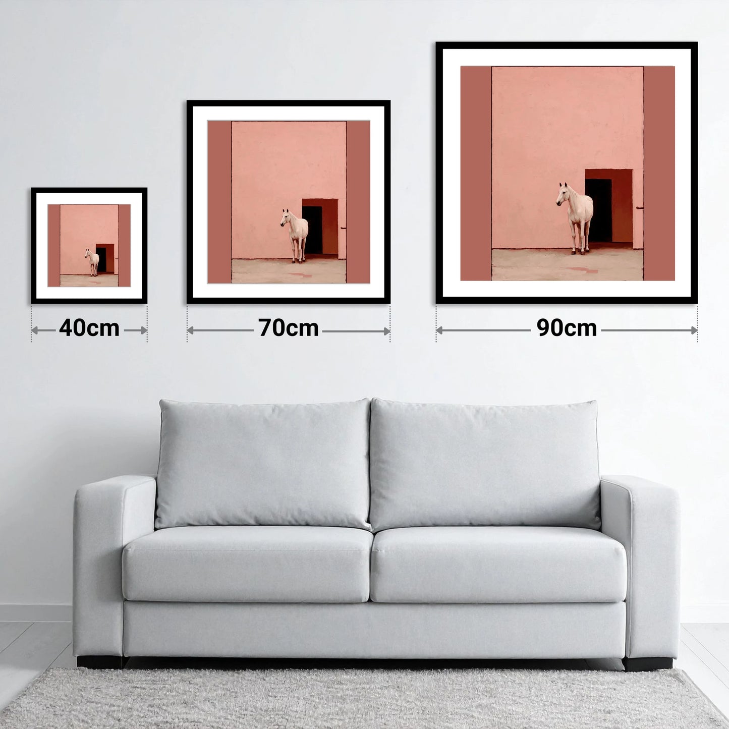 The Pink Courtyard - size guide showing 40cm, 70cm and 90cm art prints