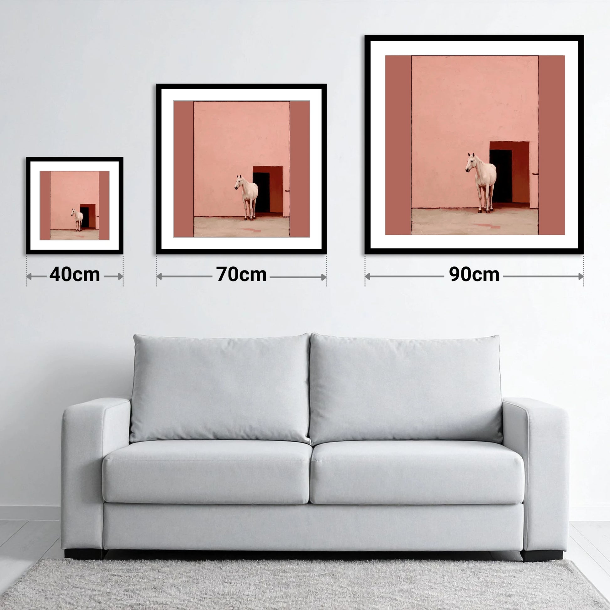 The Pink Courtyard - size guide showing 40cm, 70cm and 90cm art prints