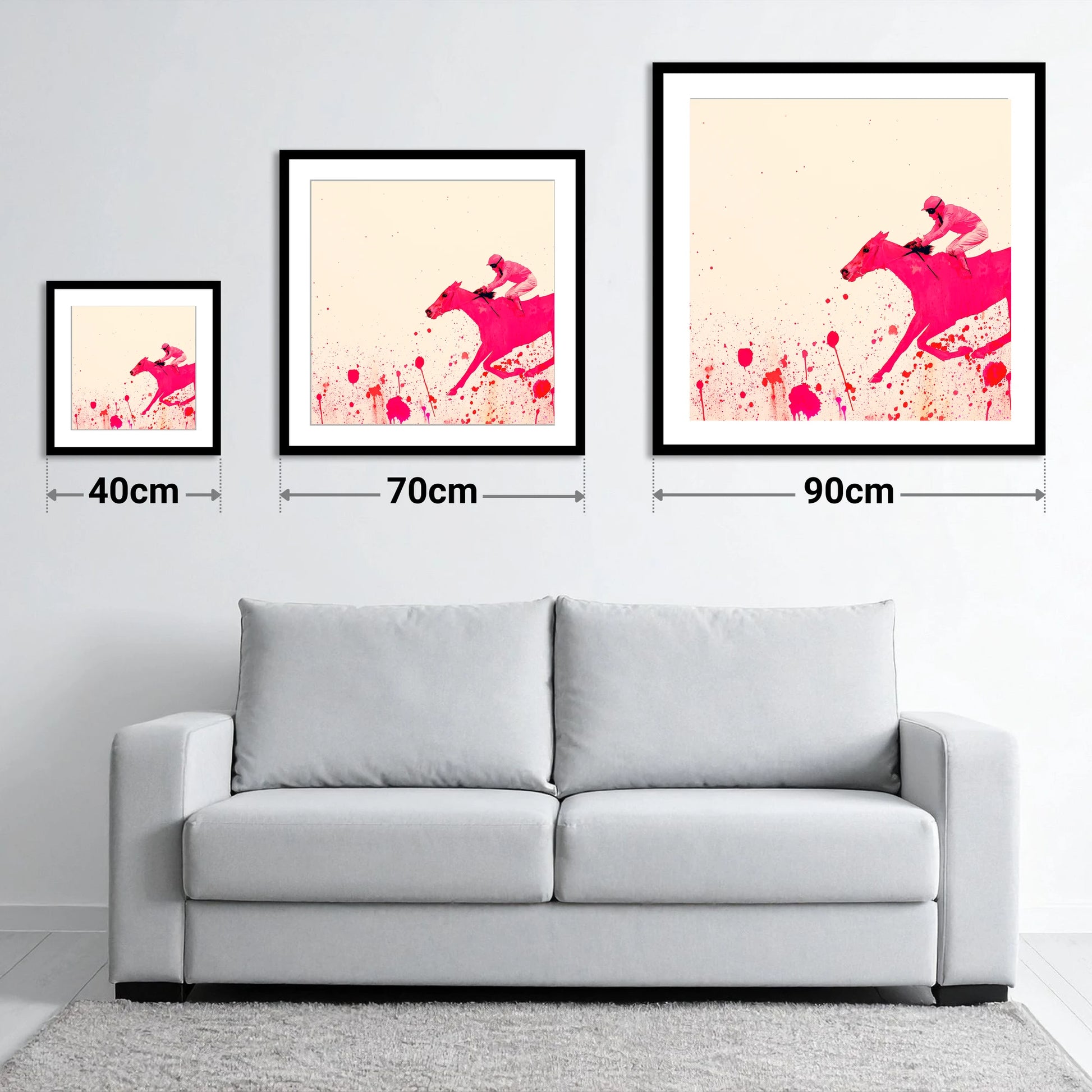 Velocity in Magenta - size guide showing 40cm, 70cm and 90cm art prints