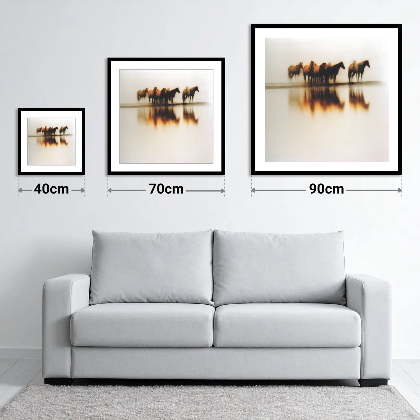 Mirage of the Herd - size guide showing 40cm, 70cm and 90cm art prints
