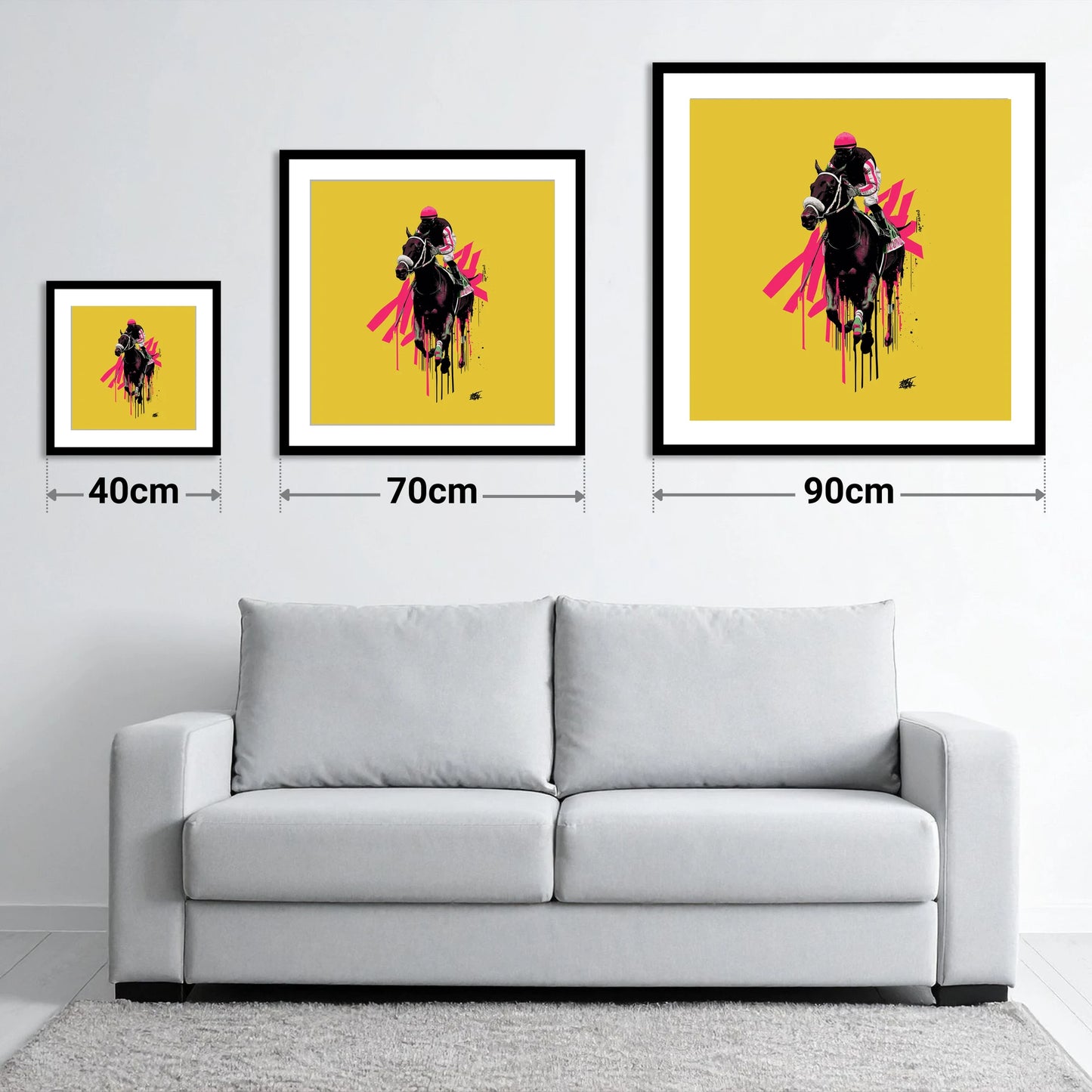 Neon Gallop - size guide showing 40cm, 70cm and 90cm art prints