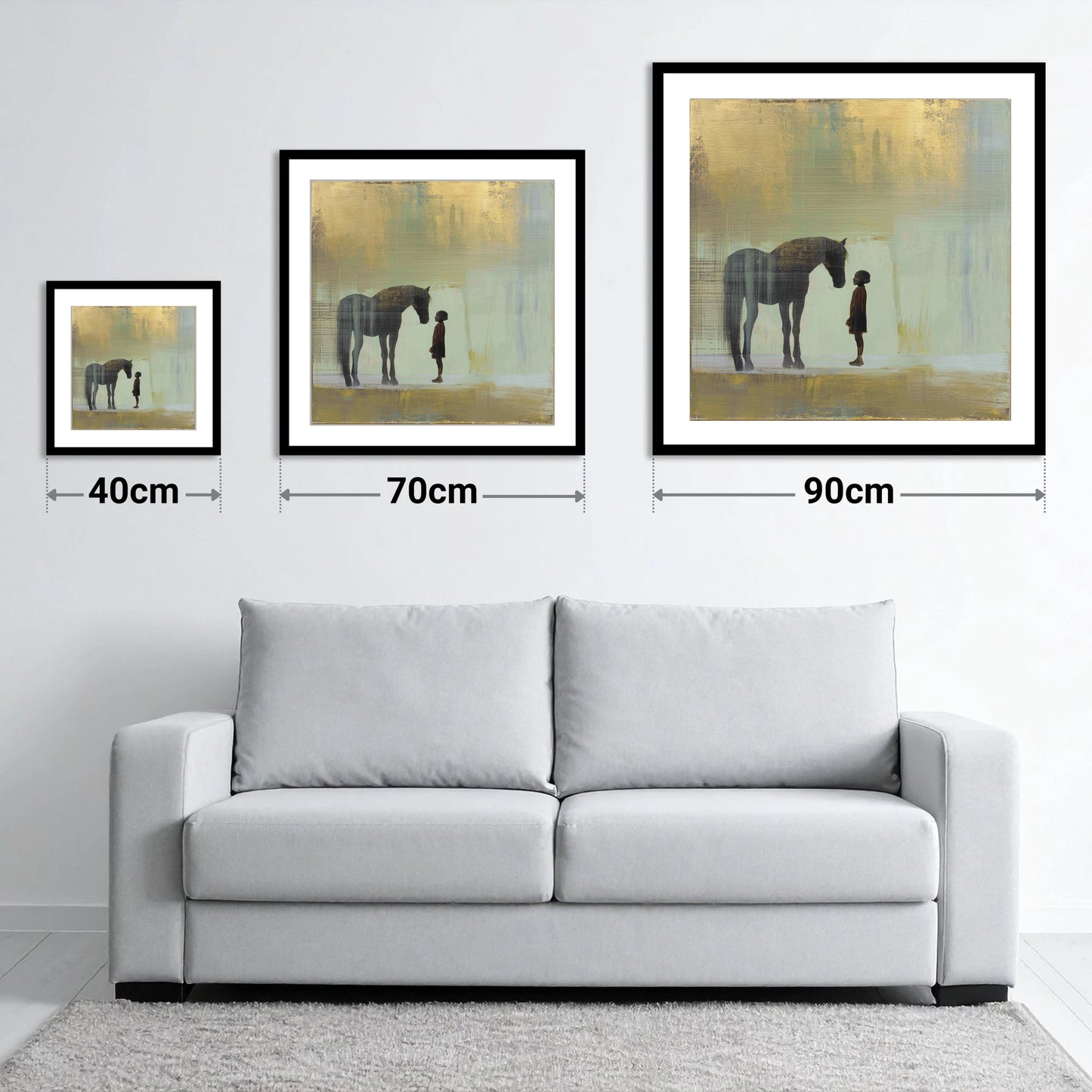 A Quiet Understanding - size guide showing 40cm, 70cm and 90cm art prints