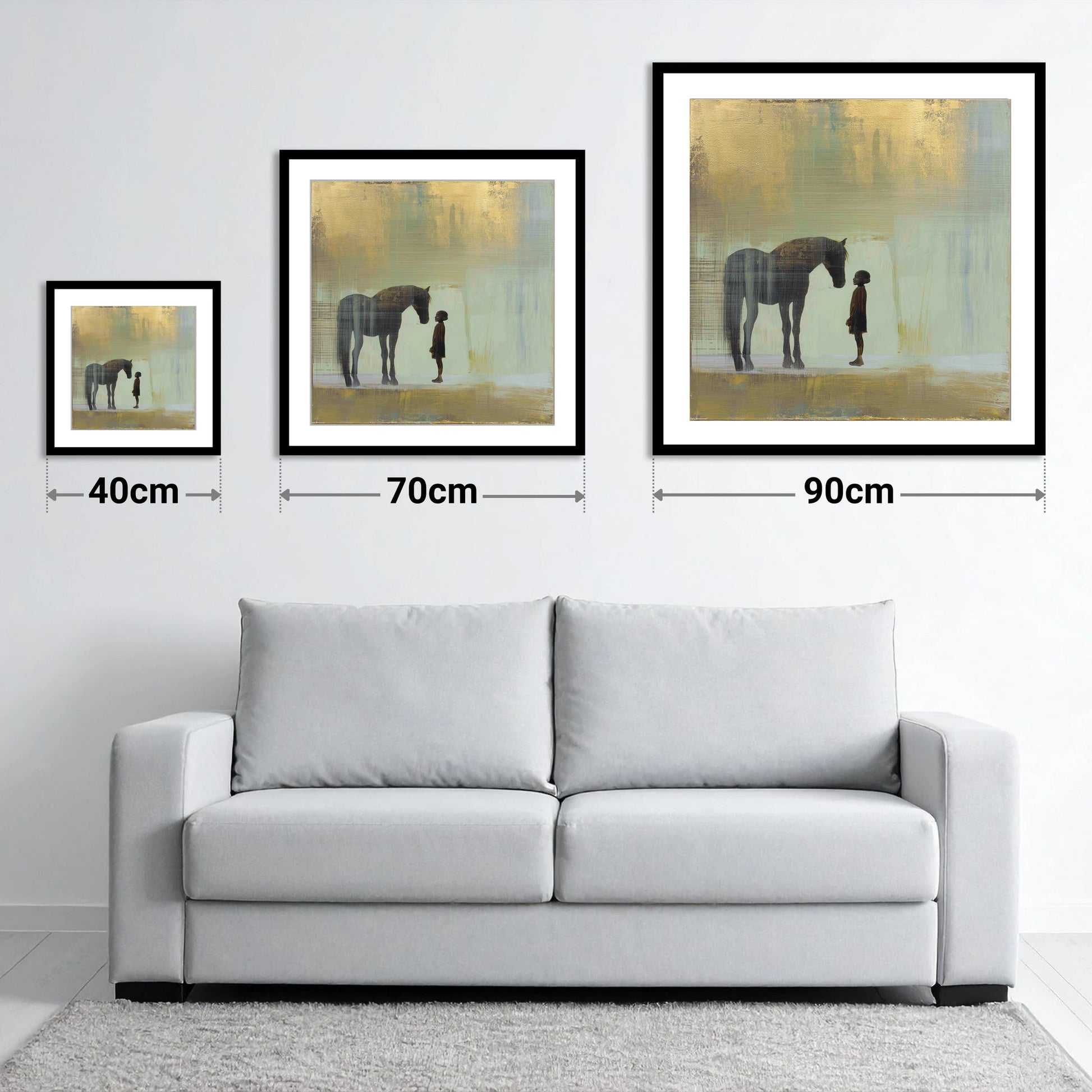 A Quiet Understanding - size guide showing 40cm, 70cm and 90cm art prints