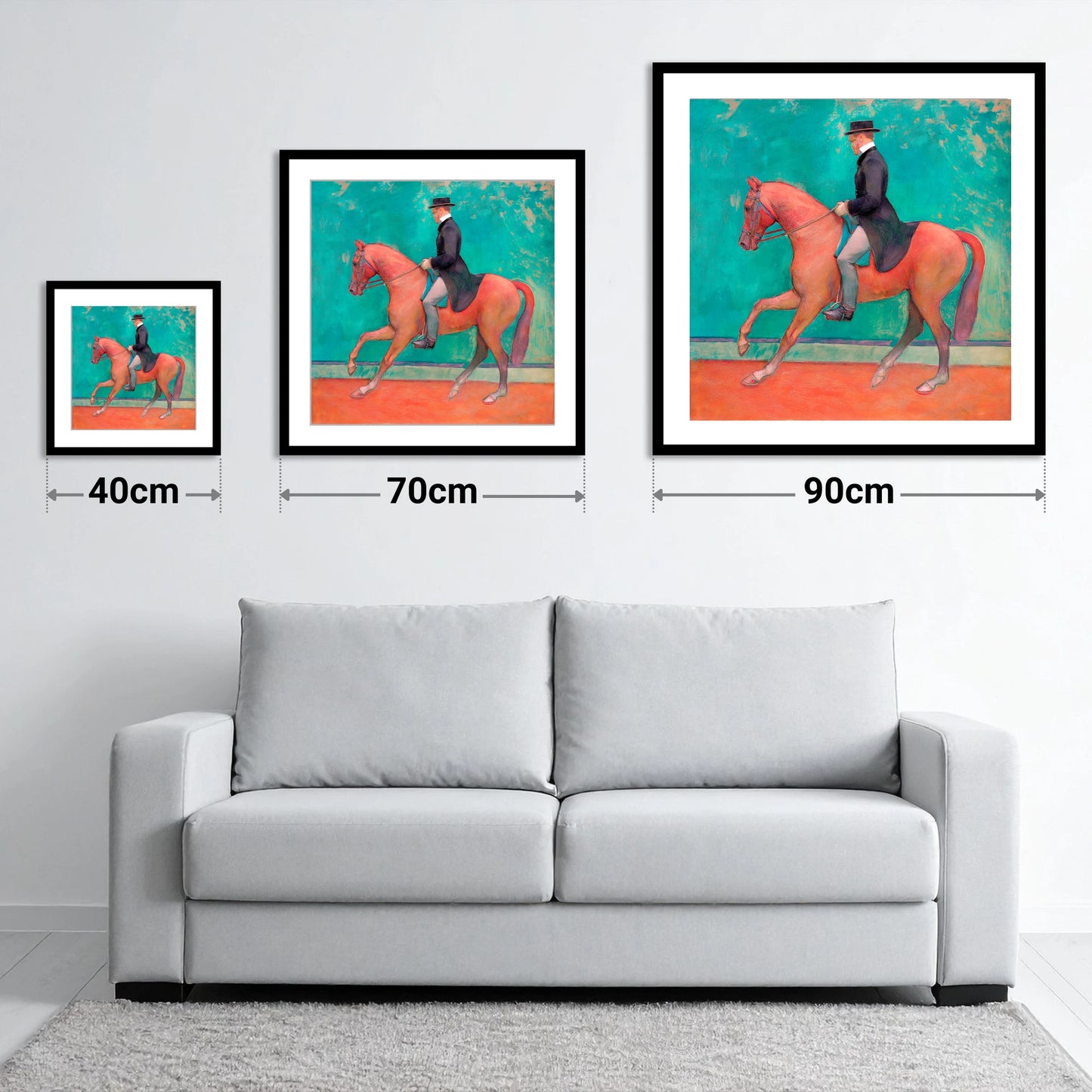 The Emerald Passage - size guide showing 40cm, 70cm and 90cm art prints
