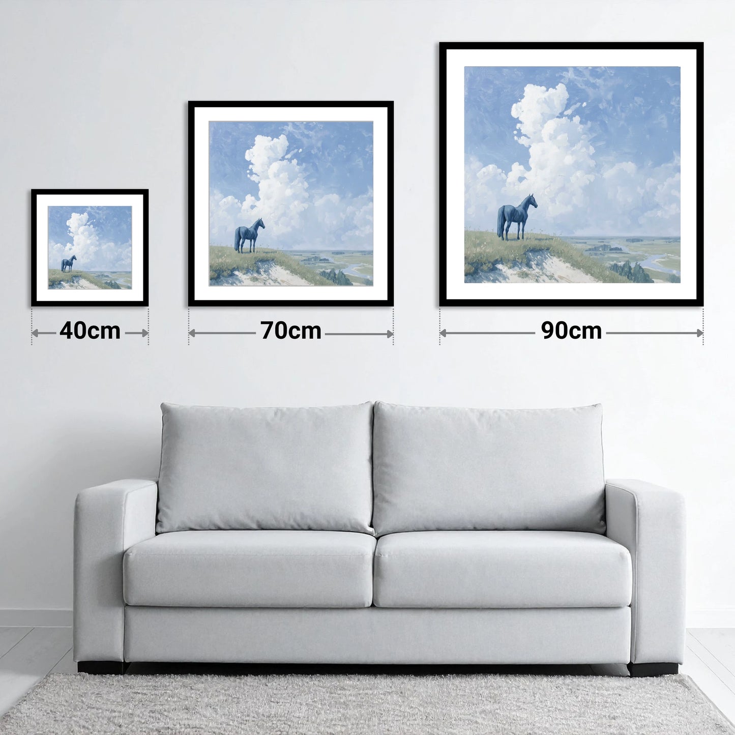 Guardian of the Valley - size guide showing 40cm, 70cm and 90cm art prints