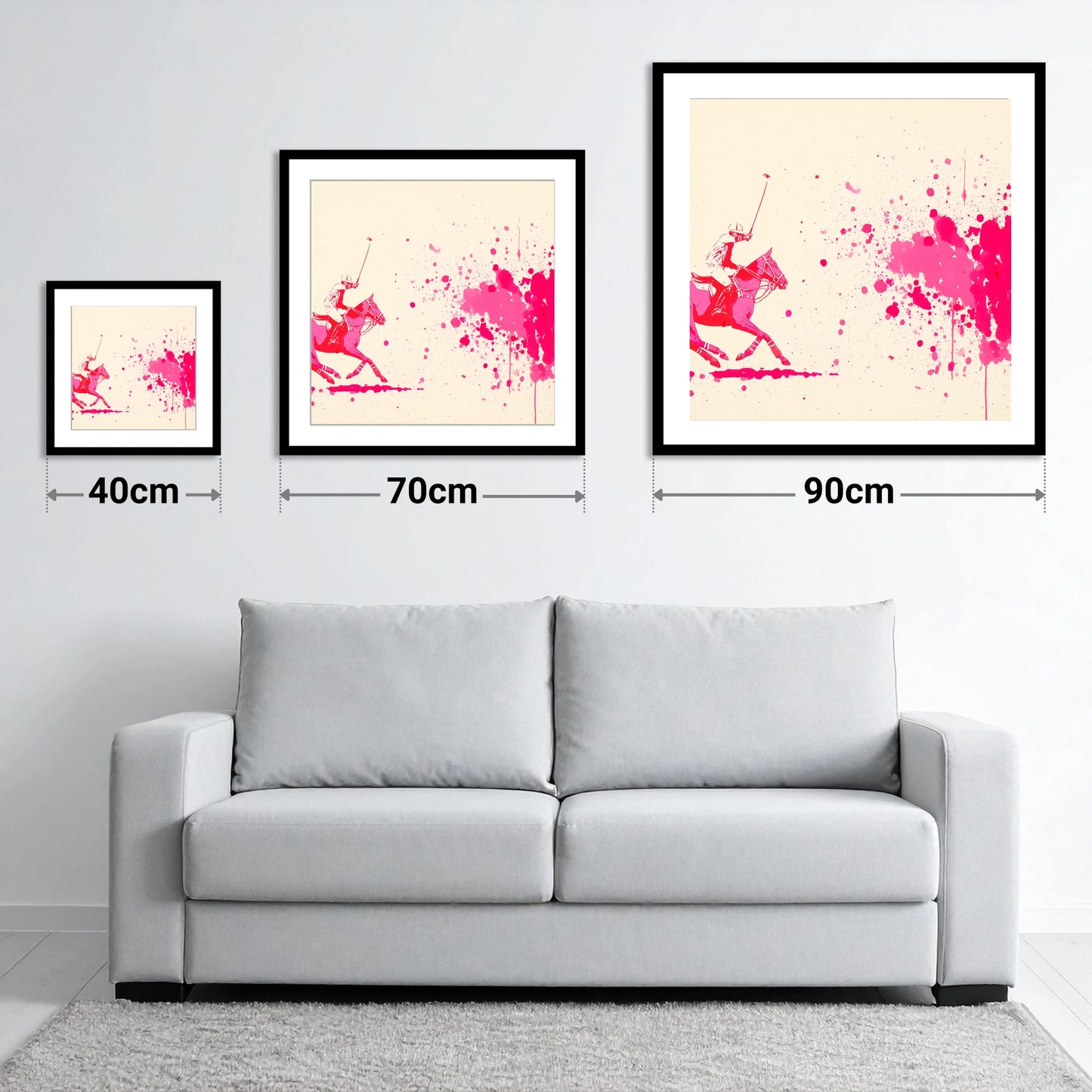 Magenta Polo Strike - size guide showing 40cm, 70cm and 90cm art prints