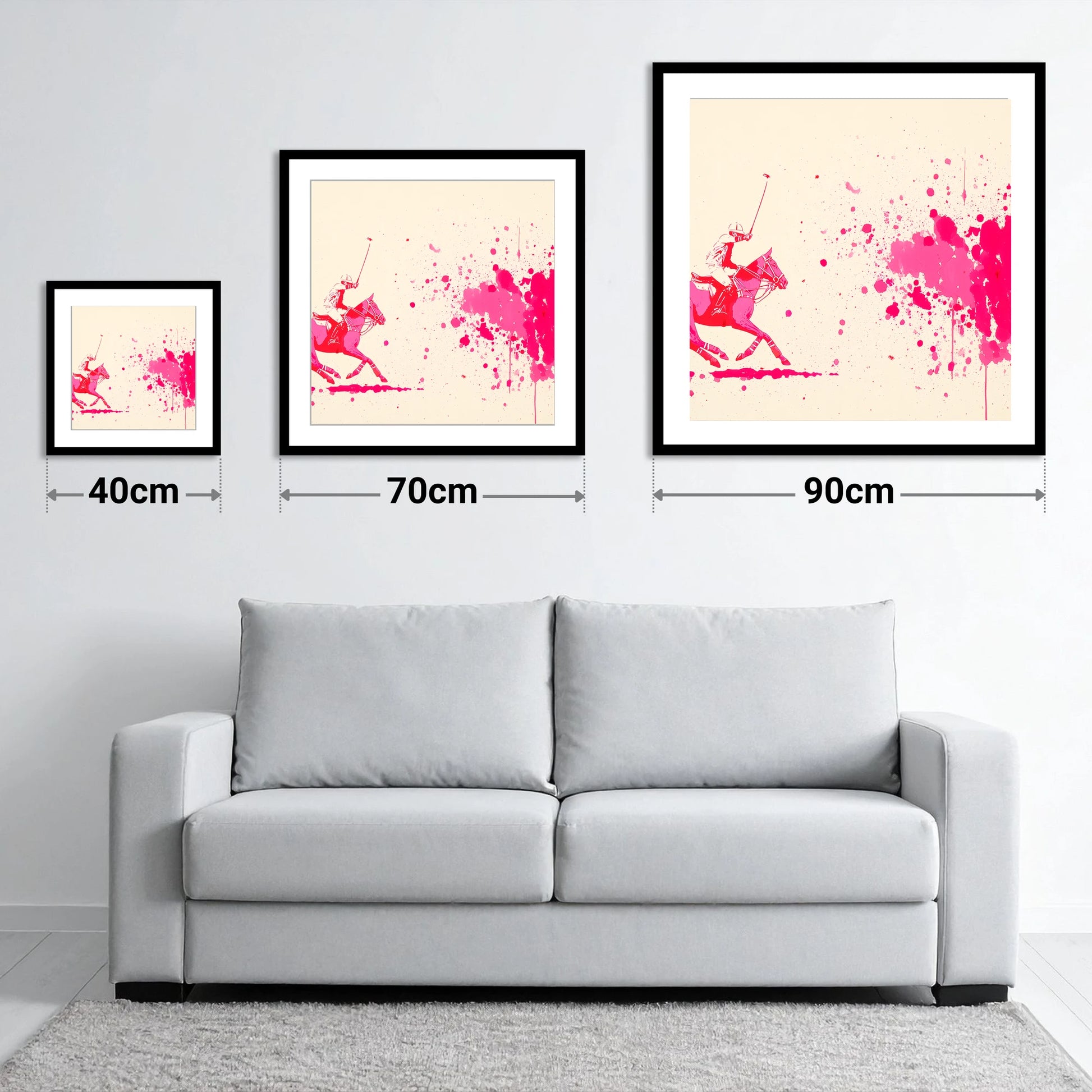 Magenta Polo Strike - size guide showing 40cm, 70cm and 90cm art prints