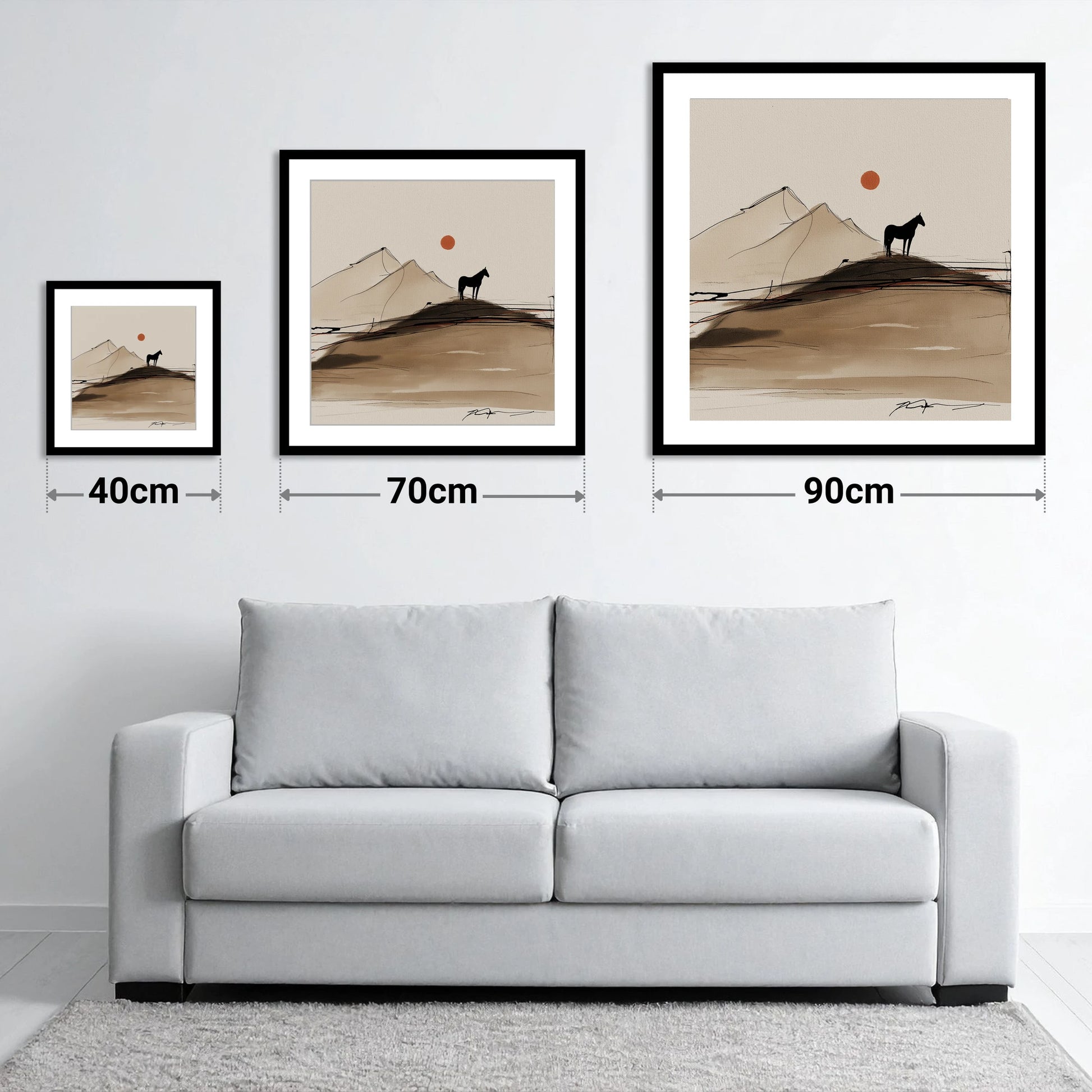 Sepia Ridge Silhouette - size guide showing 40cm, 70cm and 90cm art prints