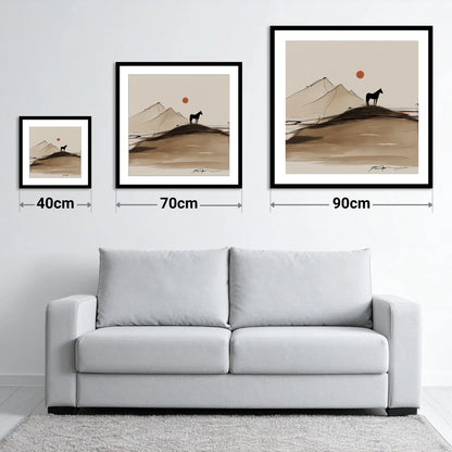Sepia Ridge Silhouette - size guide showing 40cm, 70cm and 90cm art prints