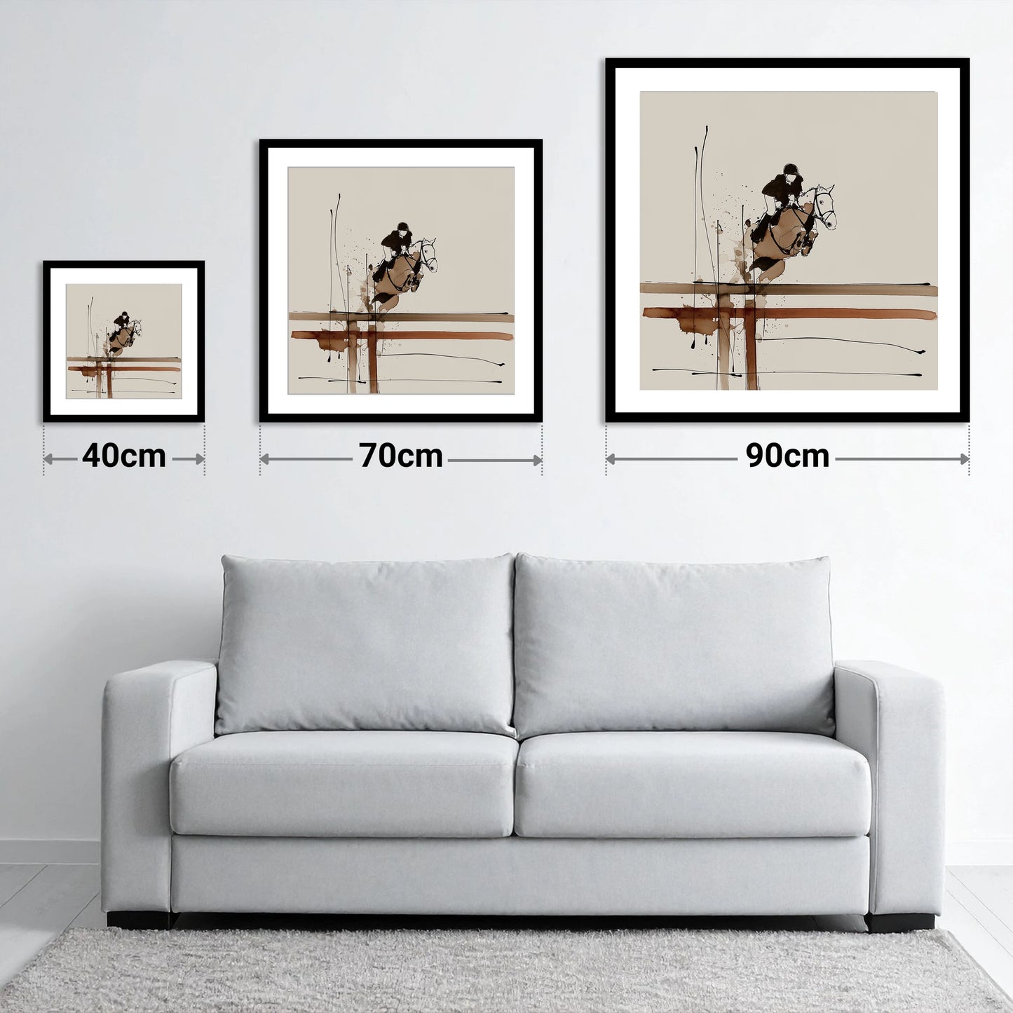 Fluidity of Flight - size guide showing 40cm, 70cm and 90cm art prints