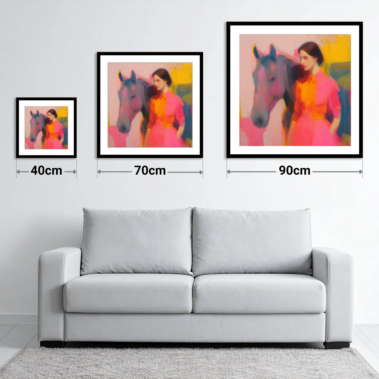 The Vivid Connection - size guide showing 40cm, 70cm and 90cm art prints