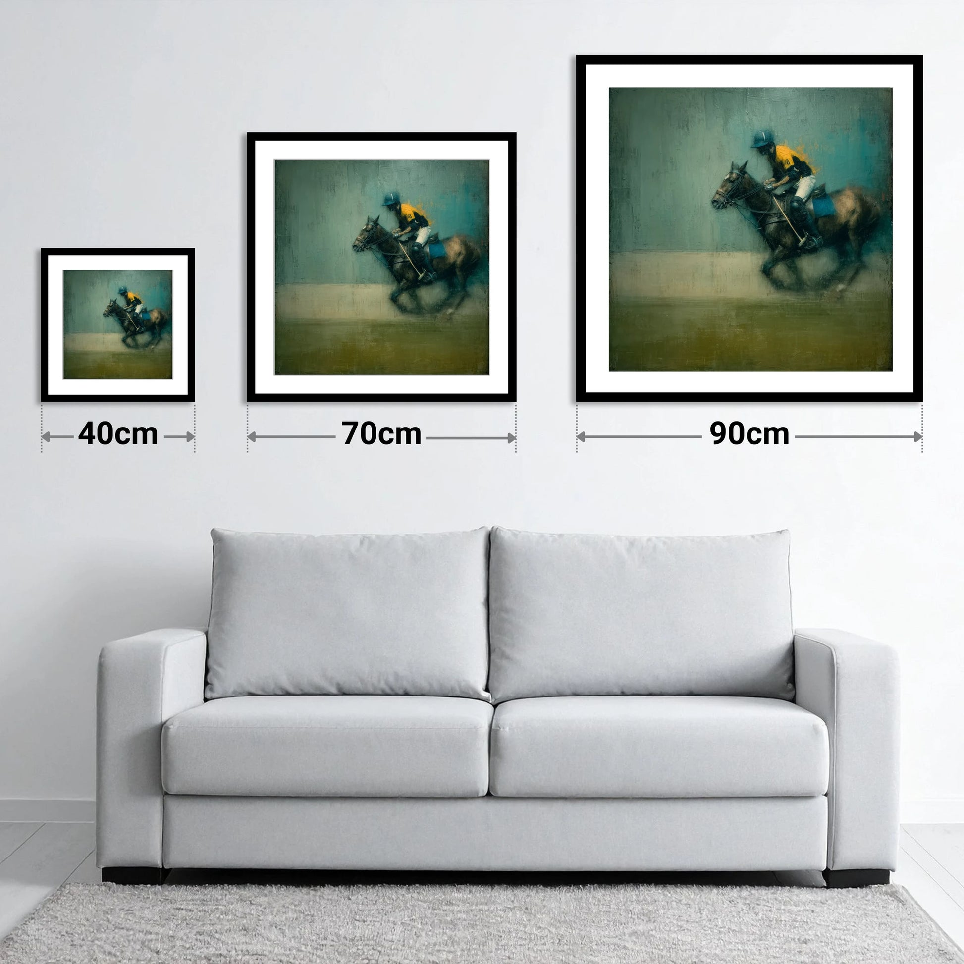 The Decisive Chukka - size guide showing 40cm, 70cm and 90cm art prints