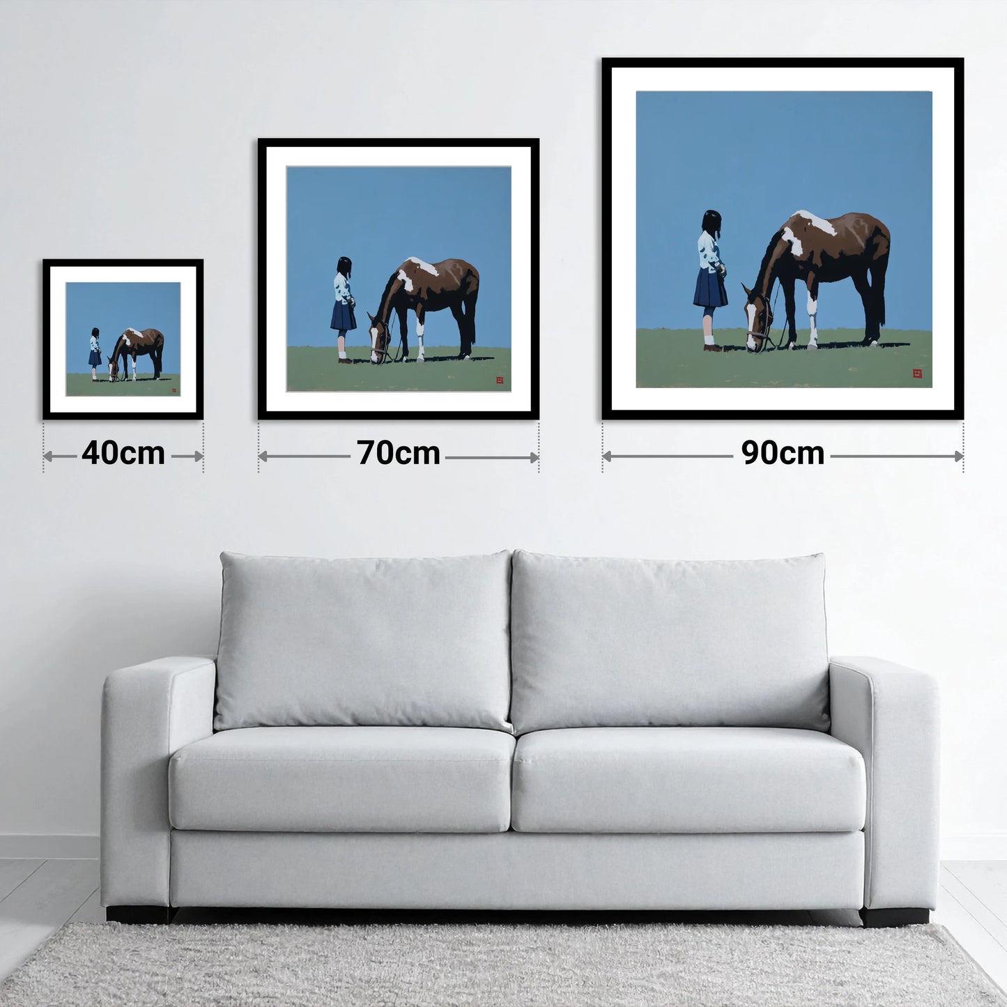 Silent Companionship - size guide showing 40cm, 70cm and 90cm art prints