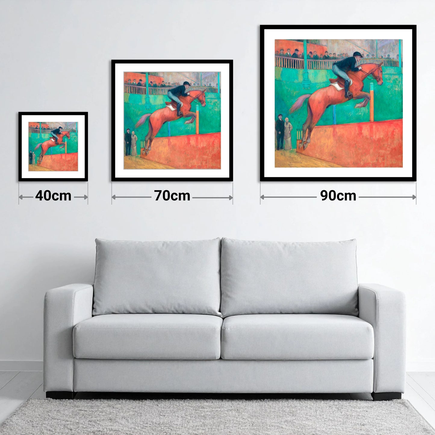 Emerald Arena Flight - size guide showing 40cm, 70cm and 90cm art prints